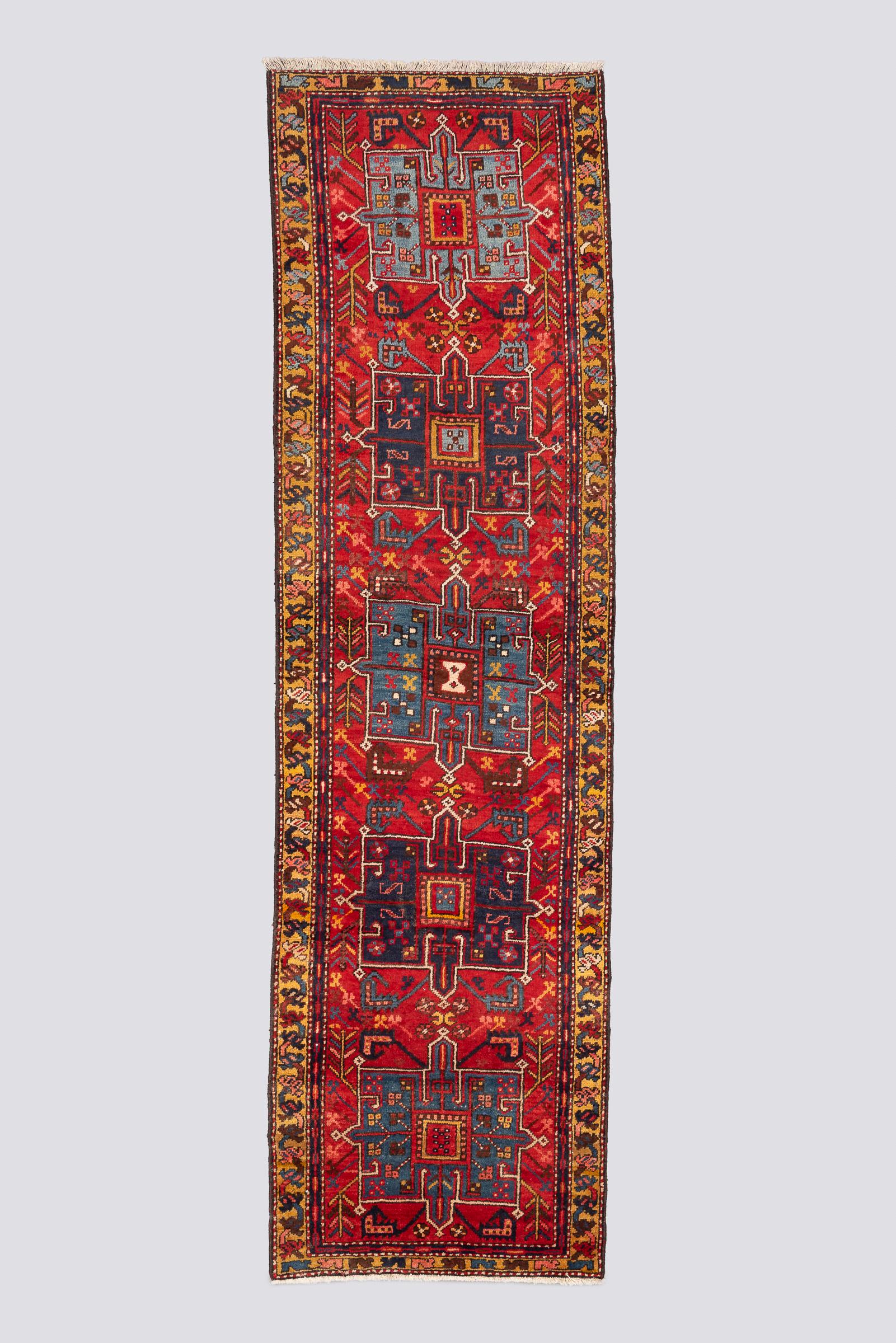 Antique Heriz Five Medallion Persian Runner Rug, Red Field, Early 20th Century