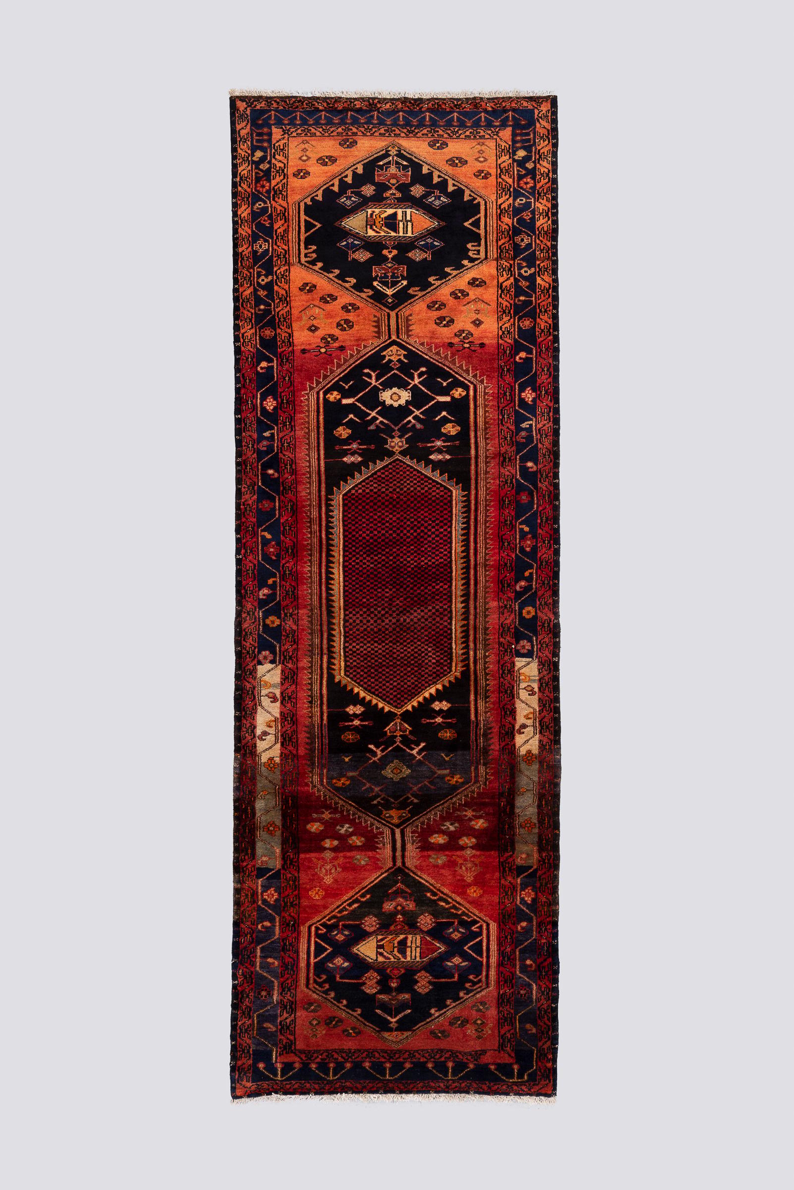 Antique Bijar Triple Medallion Persian Runner Rug, Navy Field, 1890–1910