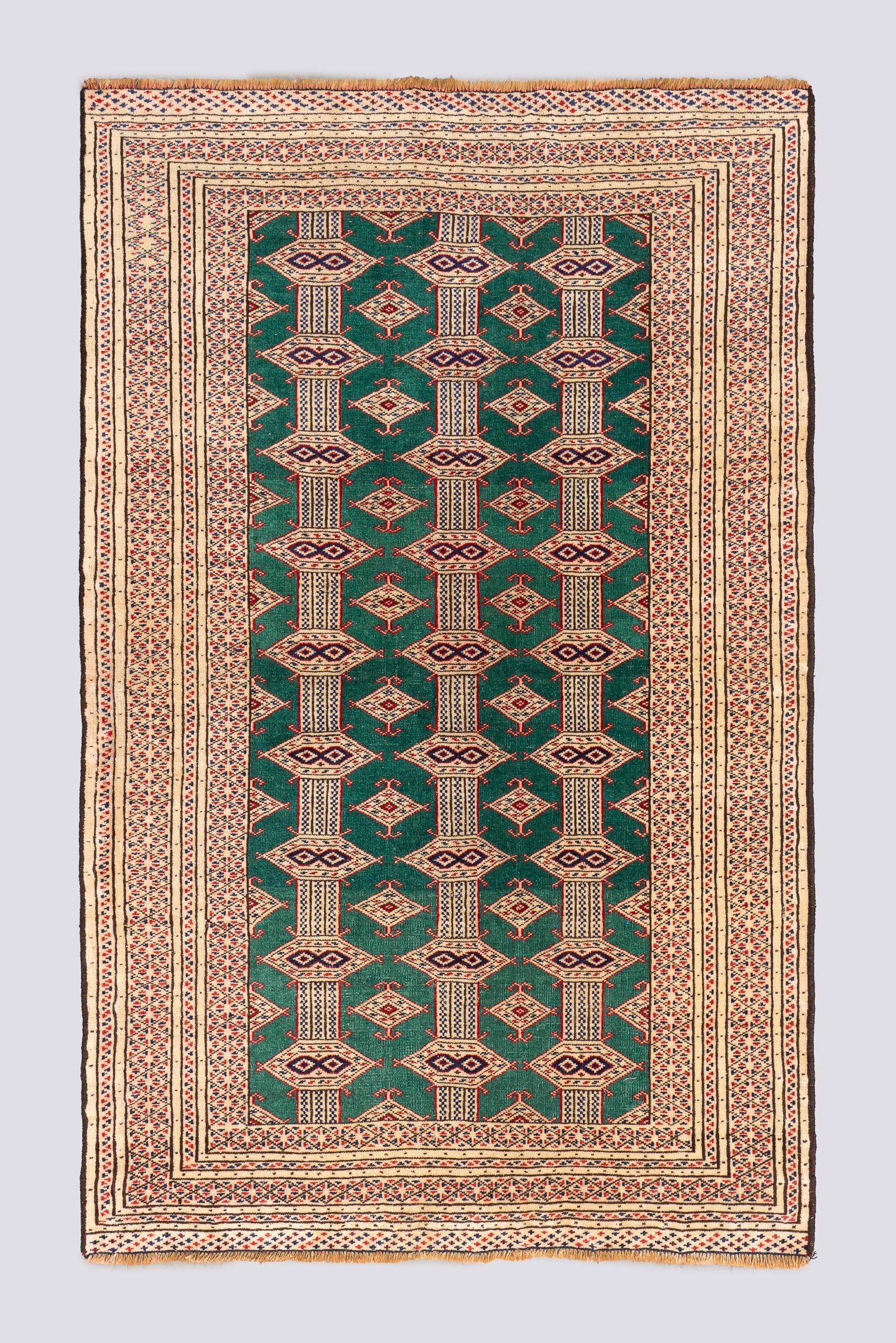 Vintage Fine Torkaman Yamut Qafse Gool Green Carpet 2SQM