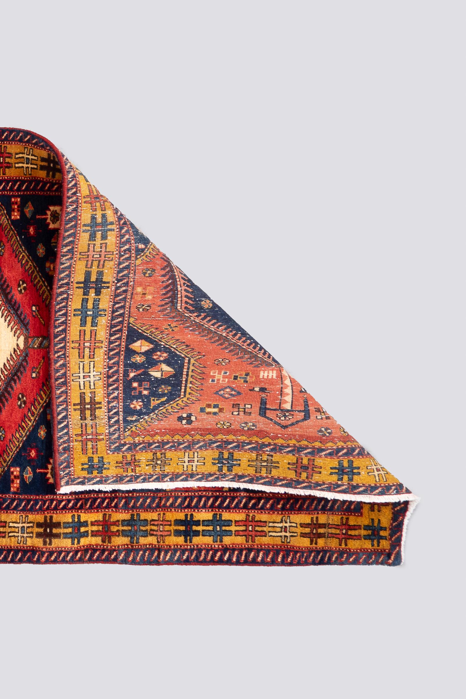 Antique Fine Heriz Five Toranj Golden Frame Persian Runner Rug