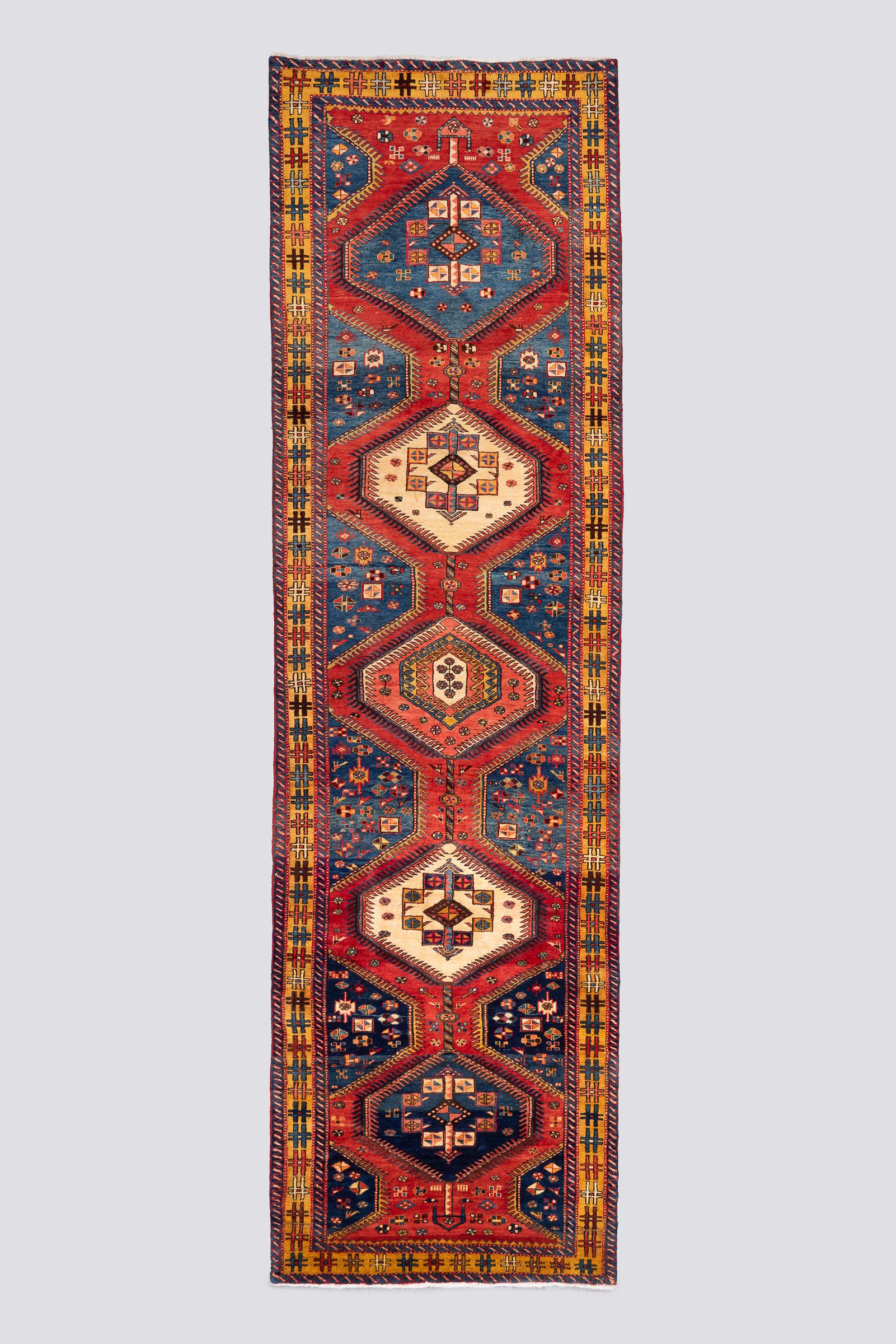 Antique Fine Heriz Five Toranj Golden Frame Persian Runner Rug