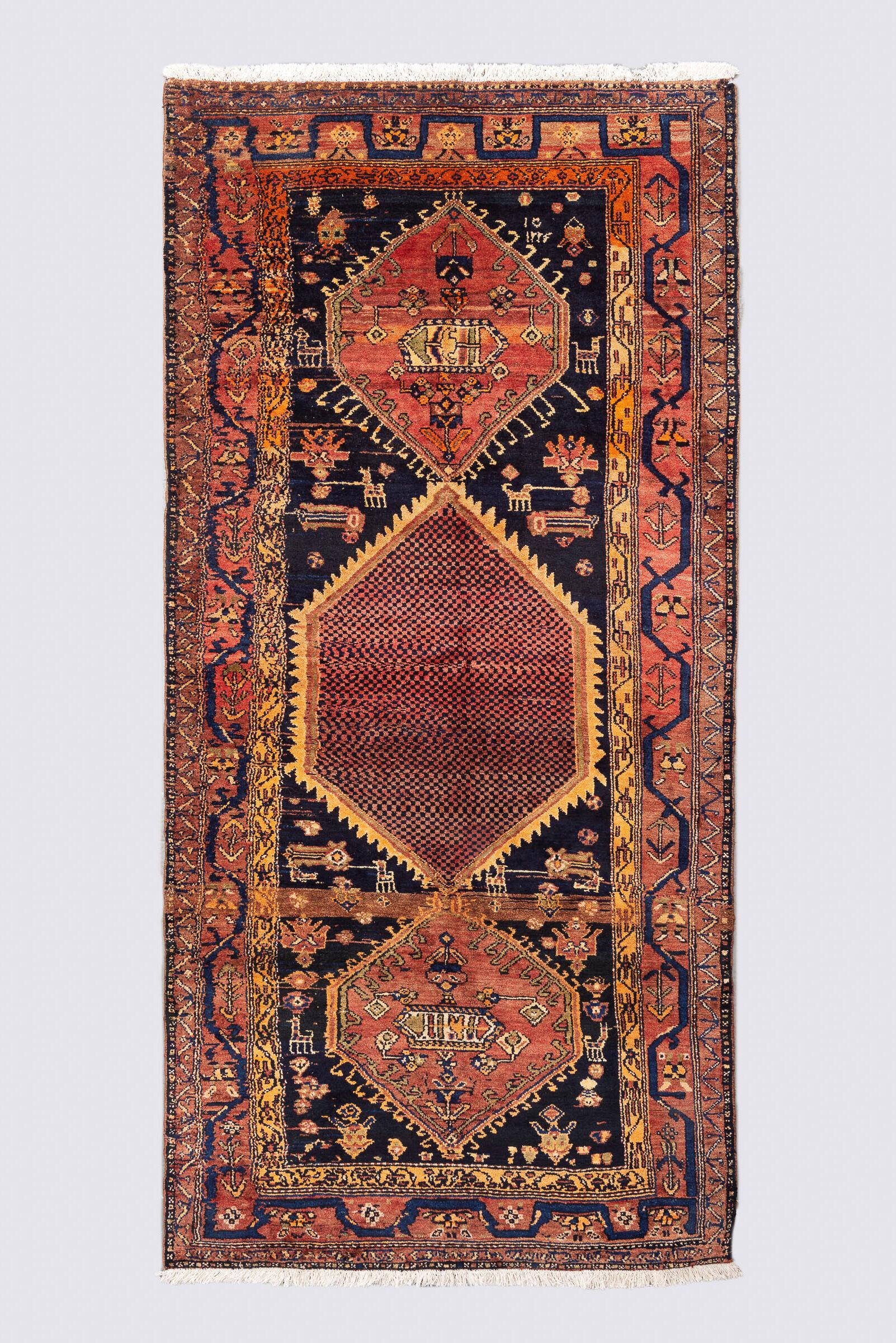 Antique Bijar Triple Medallion Persian Rug, Indigo Field, 1890–1910