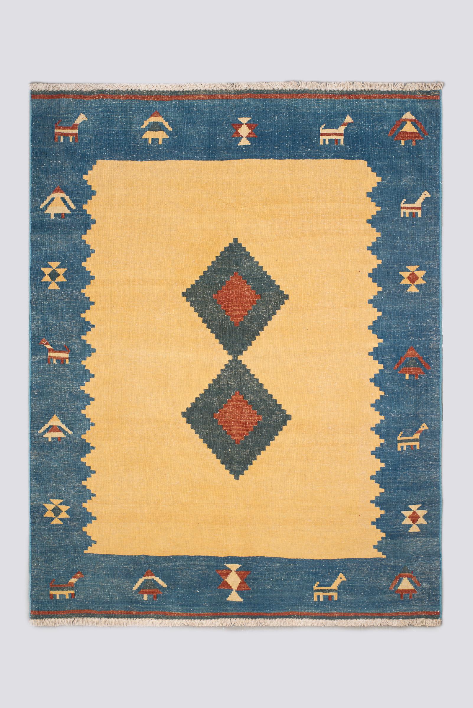 Vintage Qashqai Firuz Abad Double Toranj Persian Kilim Rug
