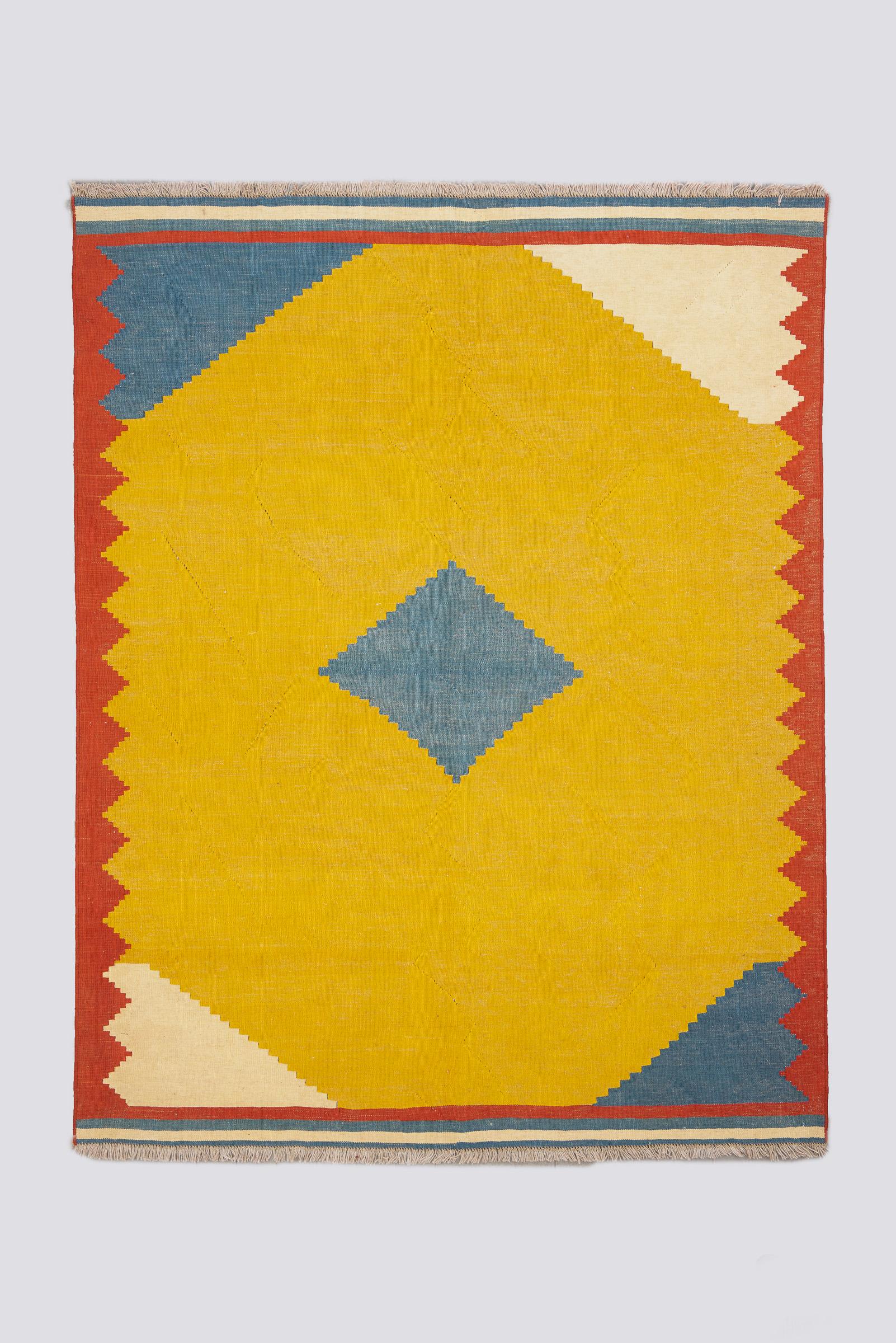 Vintage Qashqai Firuz Abad Minimal Yellow and Blue Kilim 4.7SQM