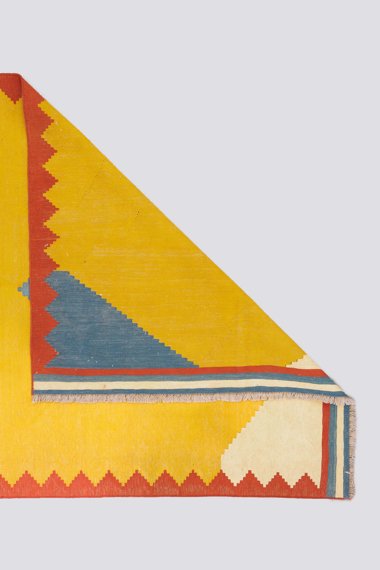 Vintage Qashqai Firuz Abad Minimal Yellow and Blue Persian Kilim Rug