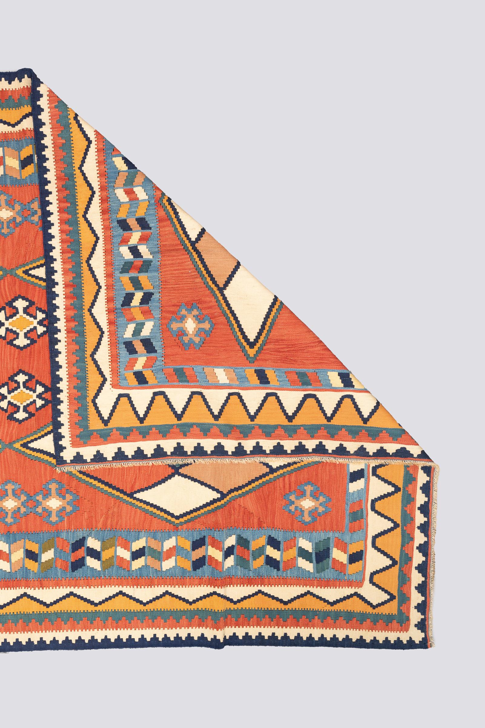 Vintage Qashqai Firuz Abad 4 Diamonds Persian Kilim Rug