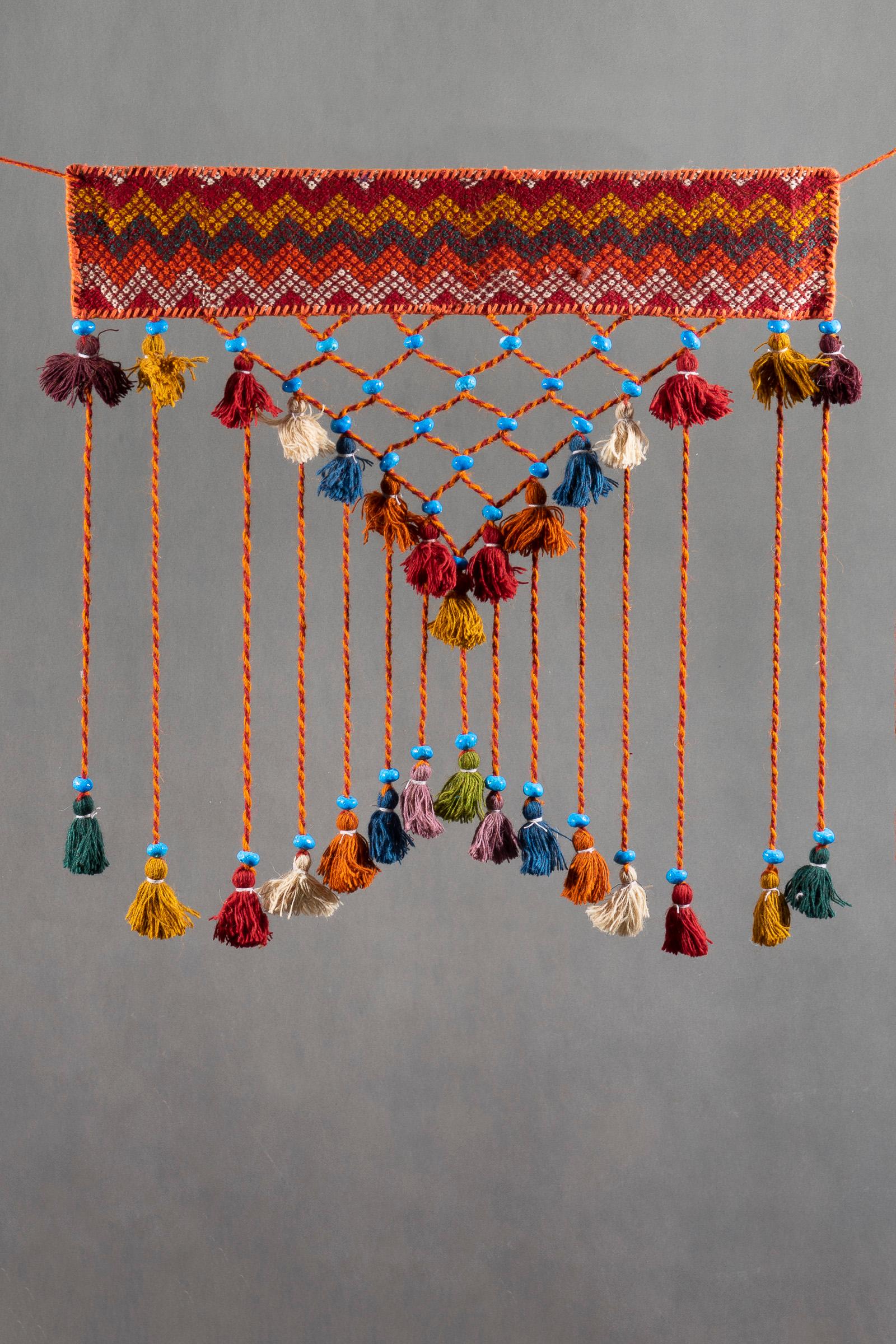 Short Decorative Kilim Turquoise Pearl & Tassel Wall Hanging 80 CM - 2