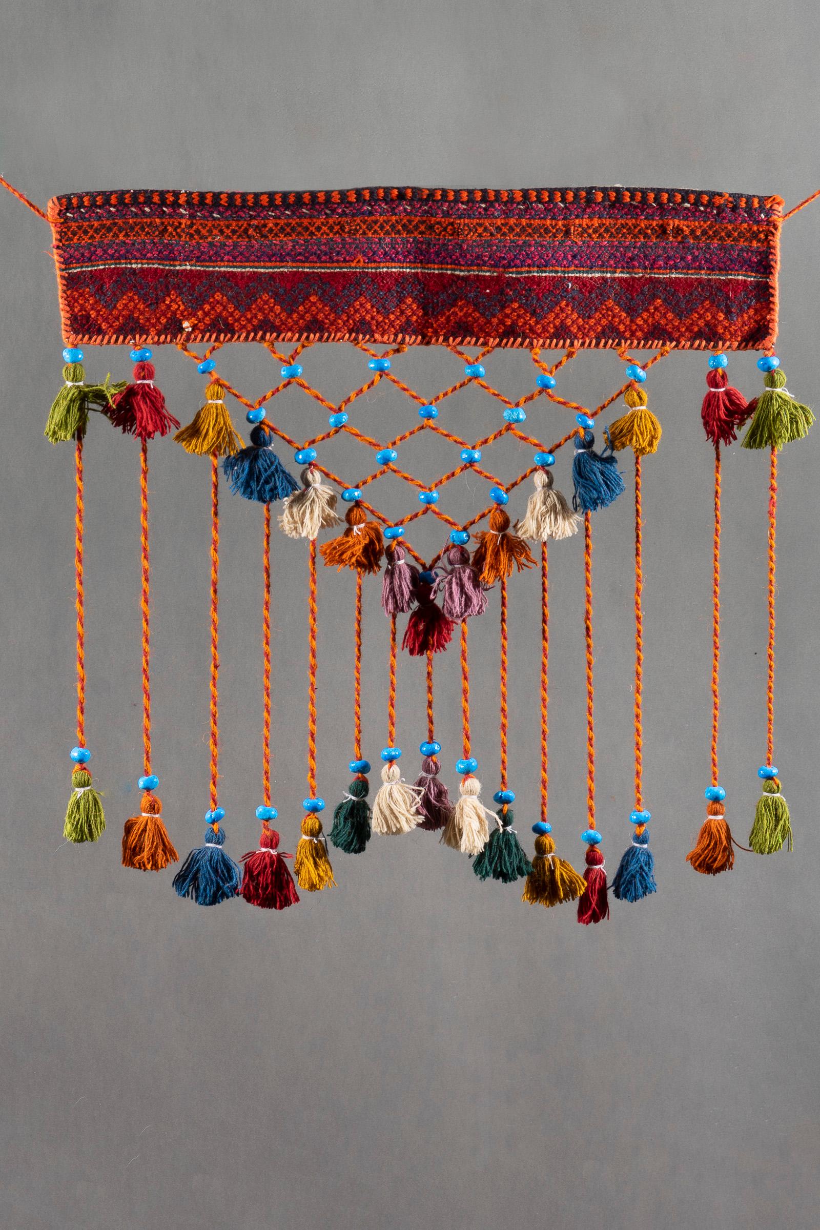 Short Decorative Kilim Turquoise Pearl & Tassel Wall Hanging 80 CM - 3