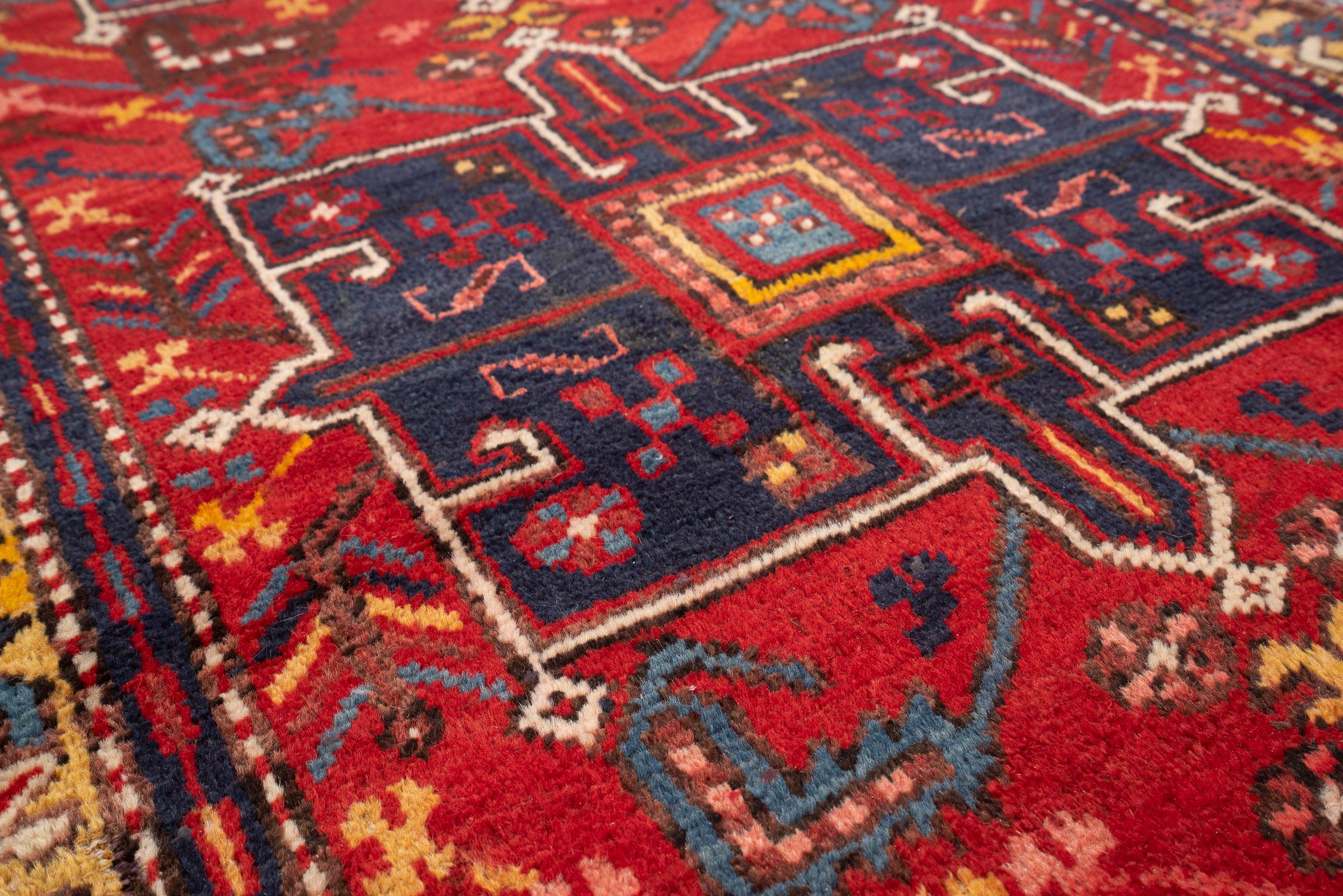 Antique Heriz Five Medallion Persian Runner Rug, Red Field, Early 20th Century