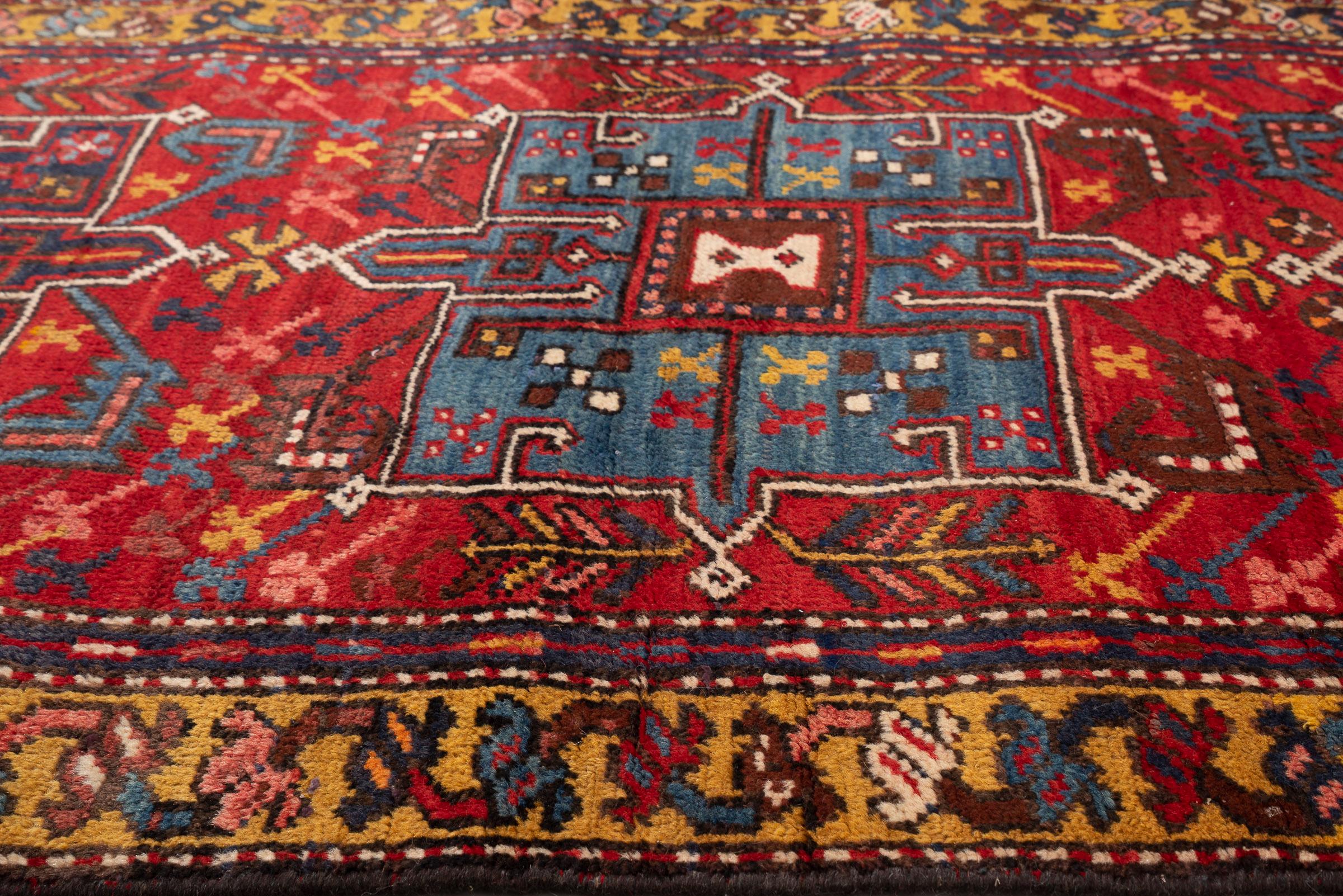 Antique Heriz Five Medallion Persian Runner Rug, Red Field, Early 20th Century