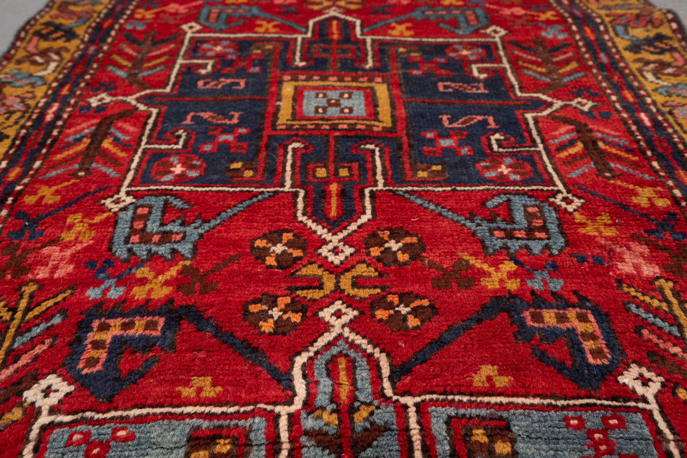 Antique Heriz Five Medallion Persian Runner Rug, Red Field, Early 20th Century