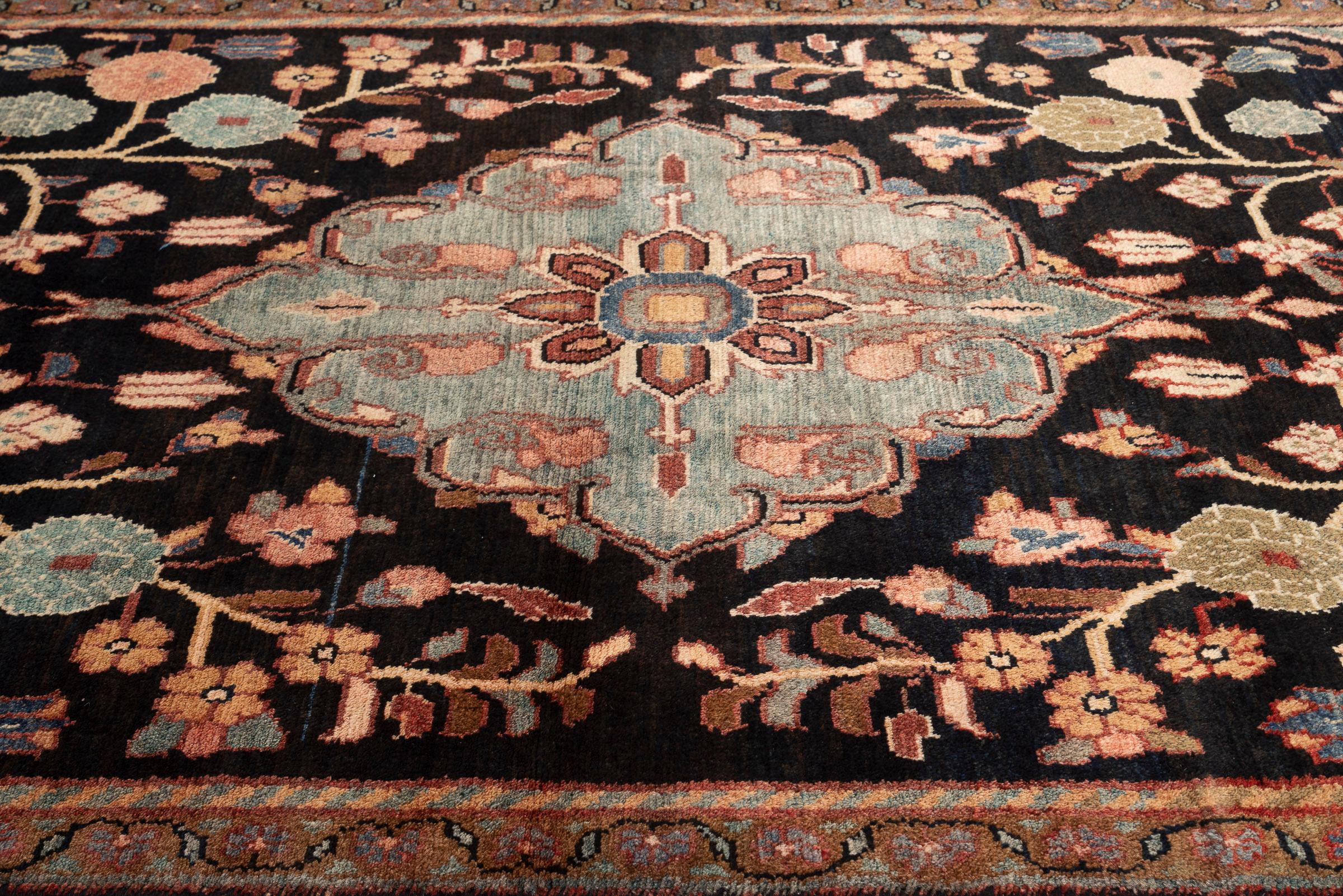 Antique Malayer Celadon Medallion Persian Rug, Navy Field, 1890–1910