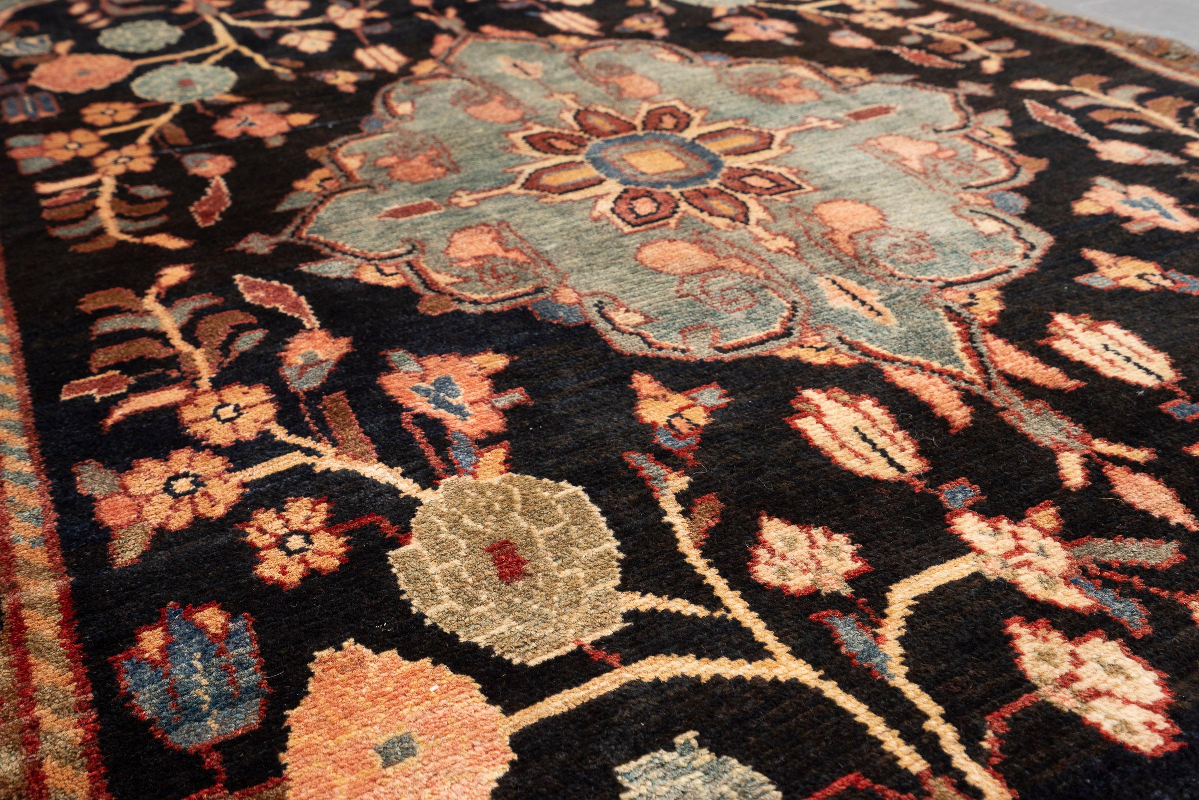 Antique Malayer Celadon Medallion Persian Rug, Navy Field, 1890–1910