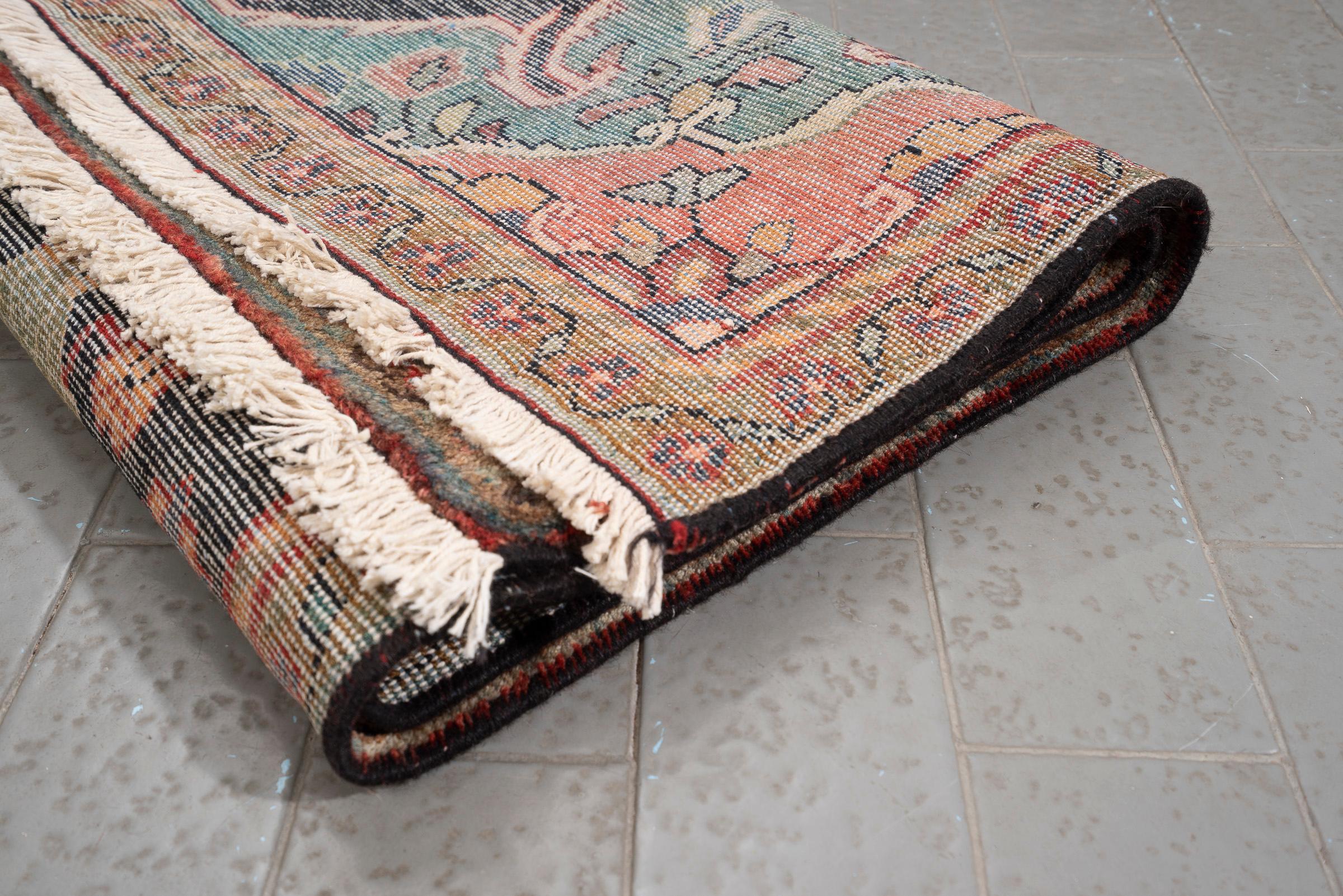 Antique Malayer Celadon Medallion Persian Rug, Navy Field, 1890–1910