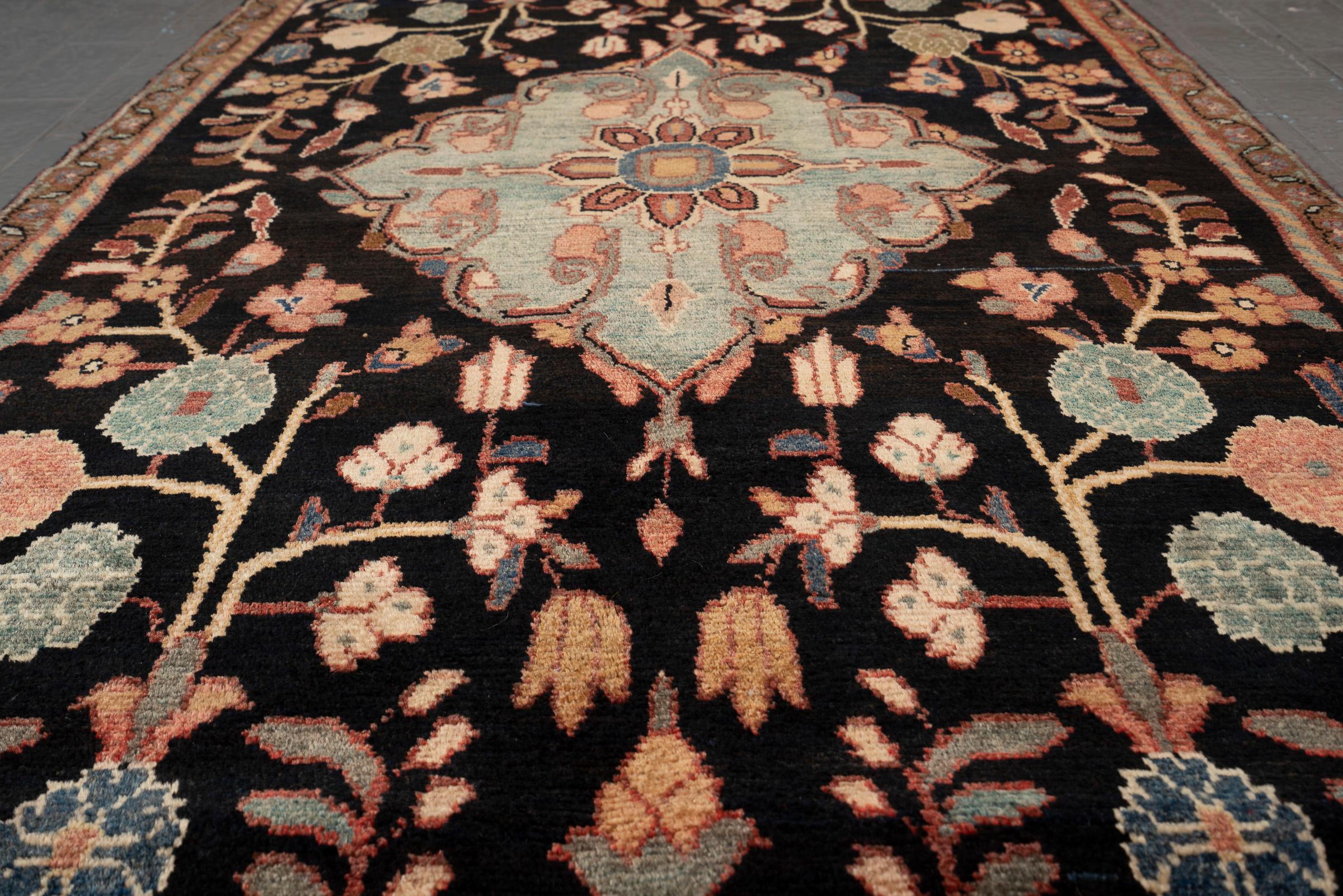 Antique Malayer Celadon Medallion Persian Rug, Navy Field, 1890–1910