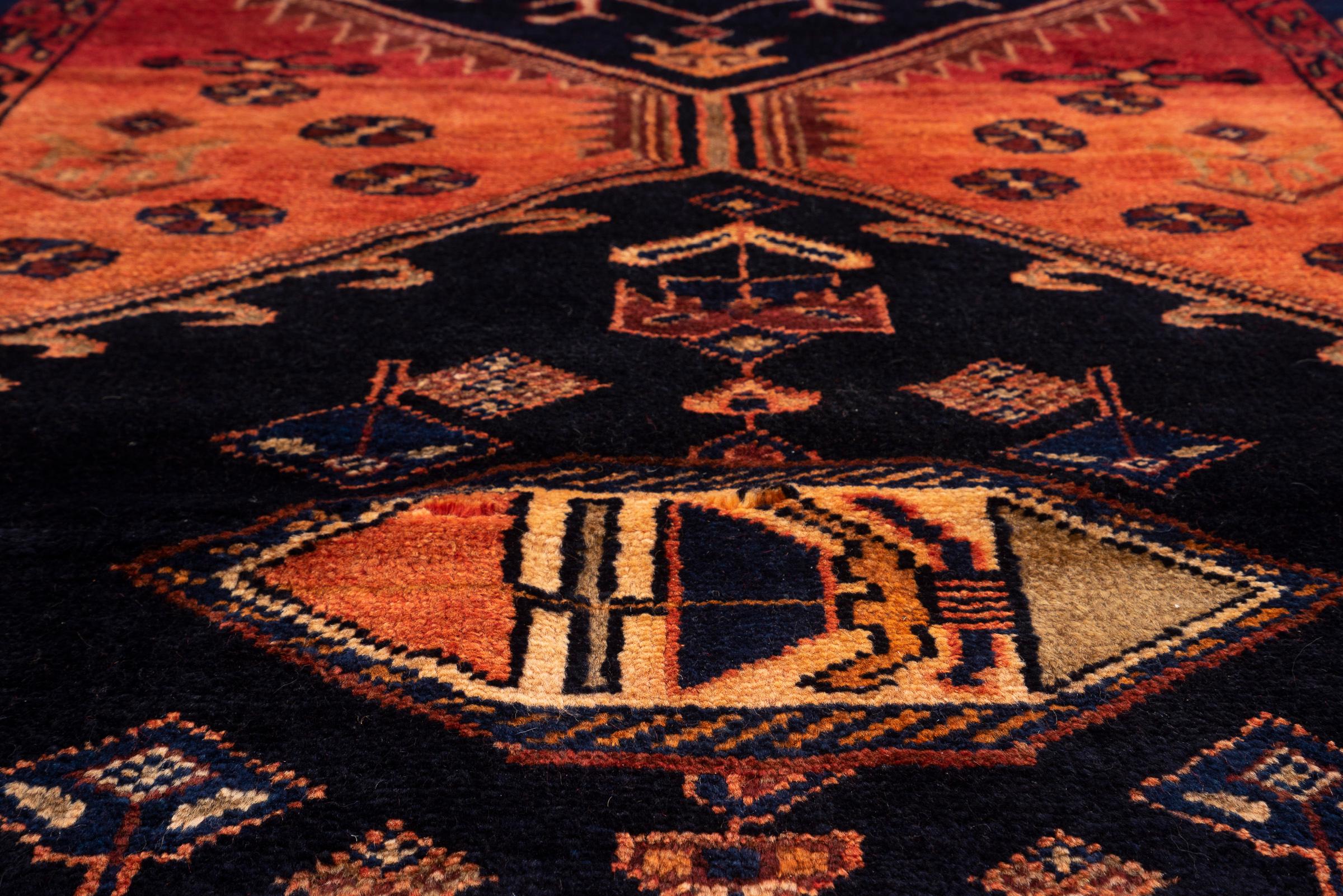 Antique Bijar Triple Medallion Persian Runner Rug, Navy Field, 1890–1910