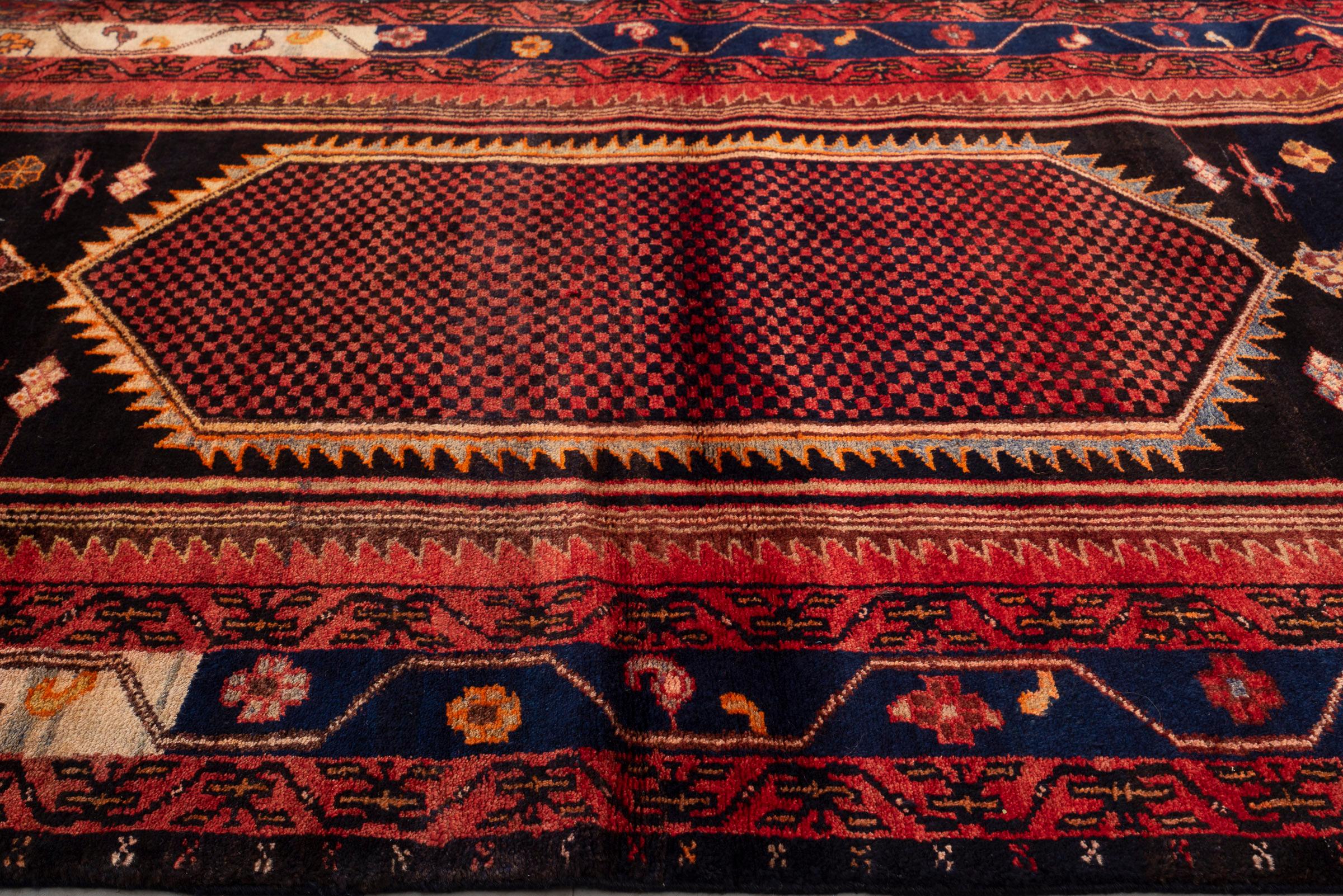 Antique Bijar Triple Medallion Persian Runner Rug, Navy Field, 1890–1910