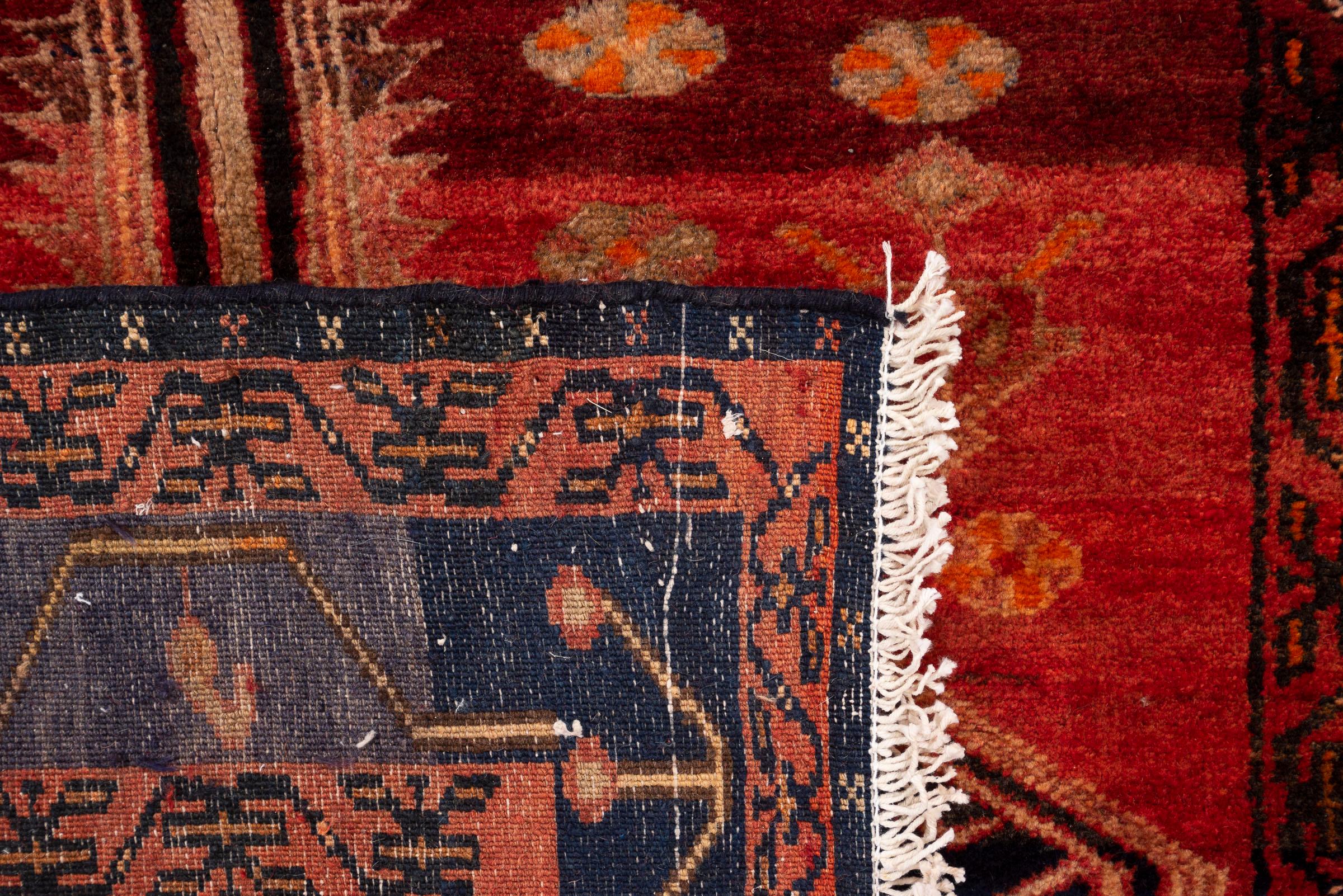 Antique Bijar Triple Medallion Persian Runner Rug, Navy Field, 1890–1910