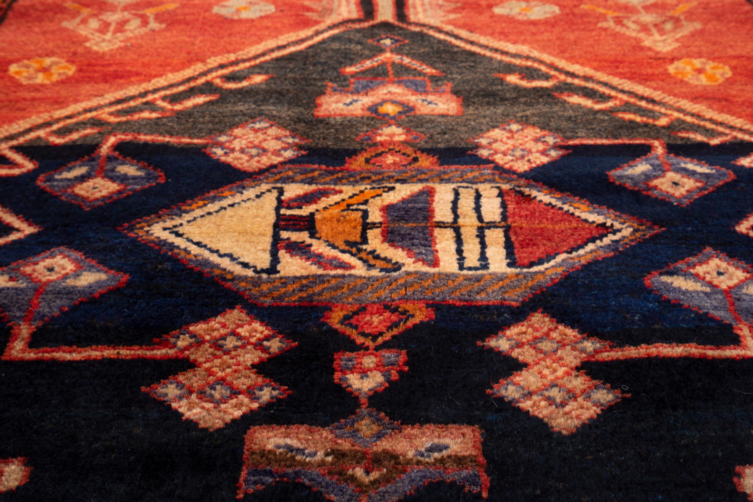 Antique Bijar Triple Medallion Persian Runner Rug, Navy Field, 1890–1910