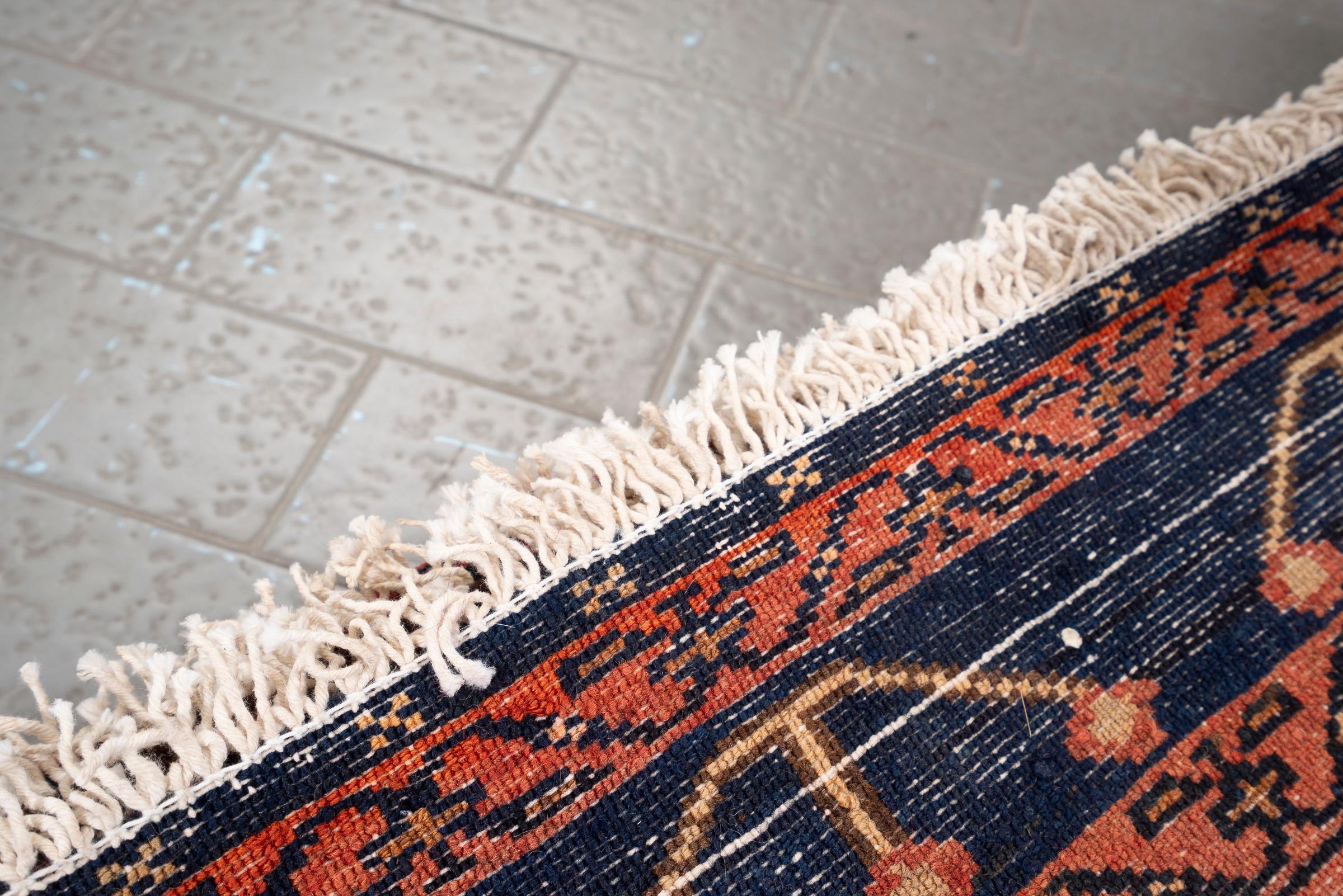 Antique Bijar Triple Medallion Persian Runner Rug, Navy Field, 1890–1910