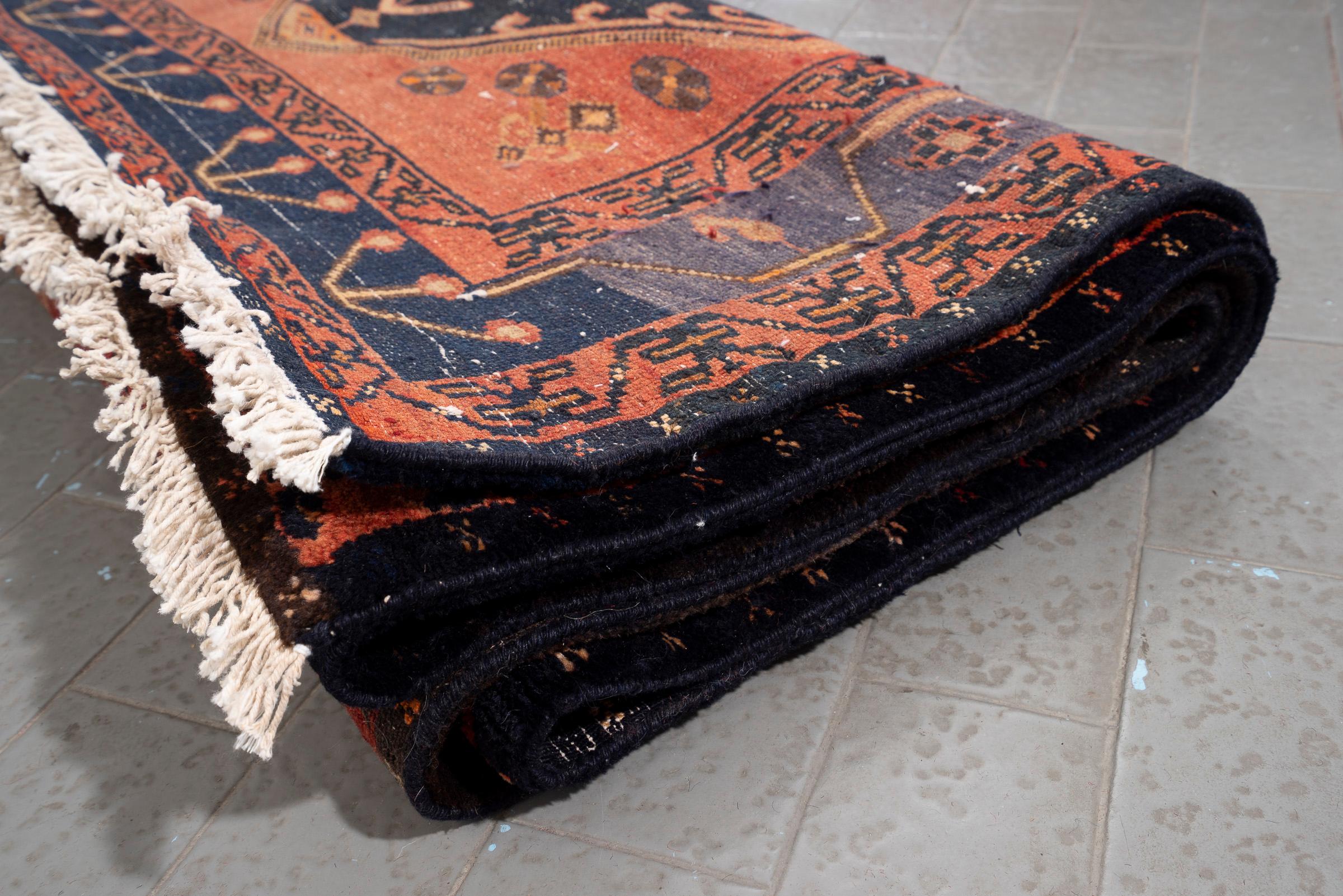 Antique Bijar Triple Medallion Persian Runner Rug, Navy Field, 1890–1910
