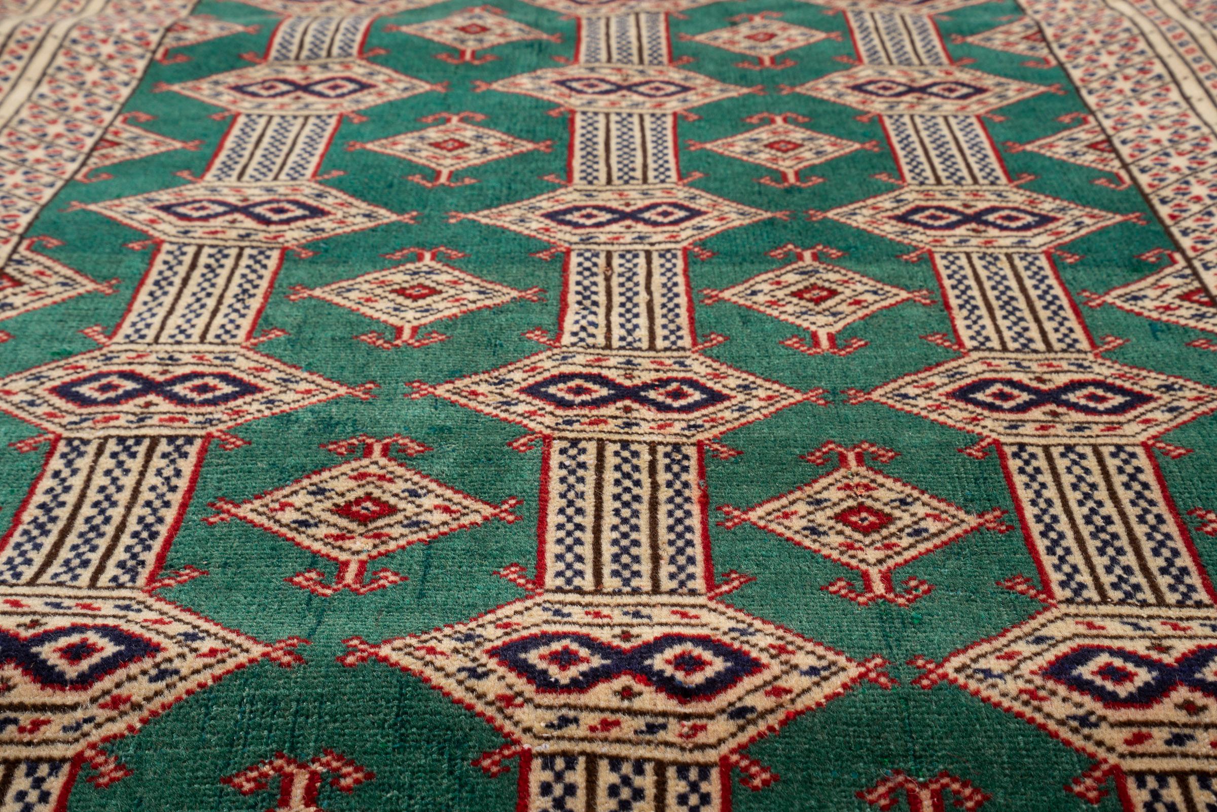 Vintage Fine Torkaman Yamut Qafse Gool Green Persian Rug