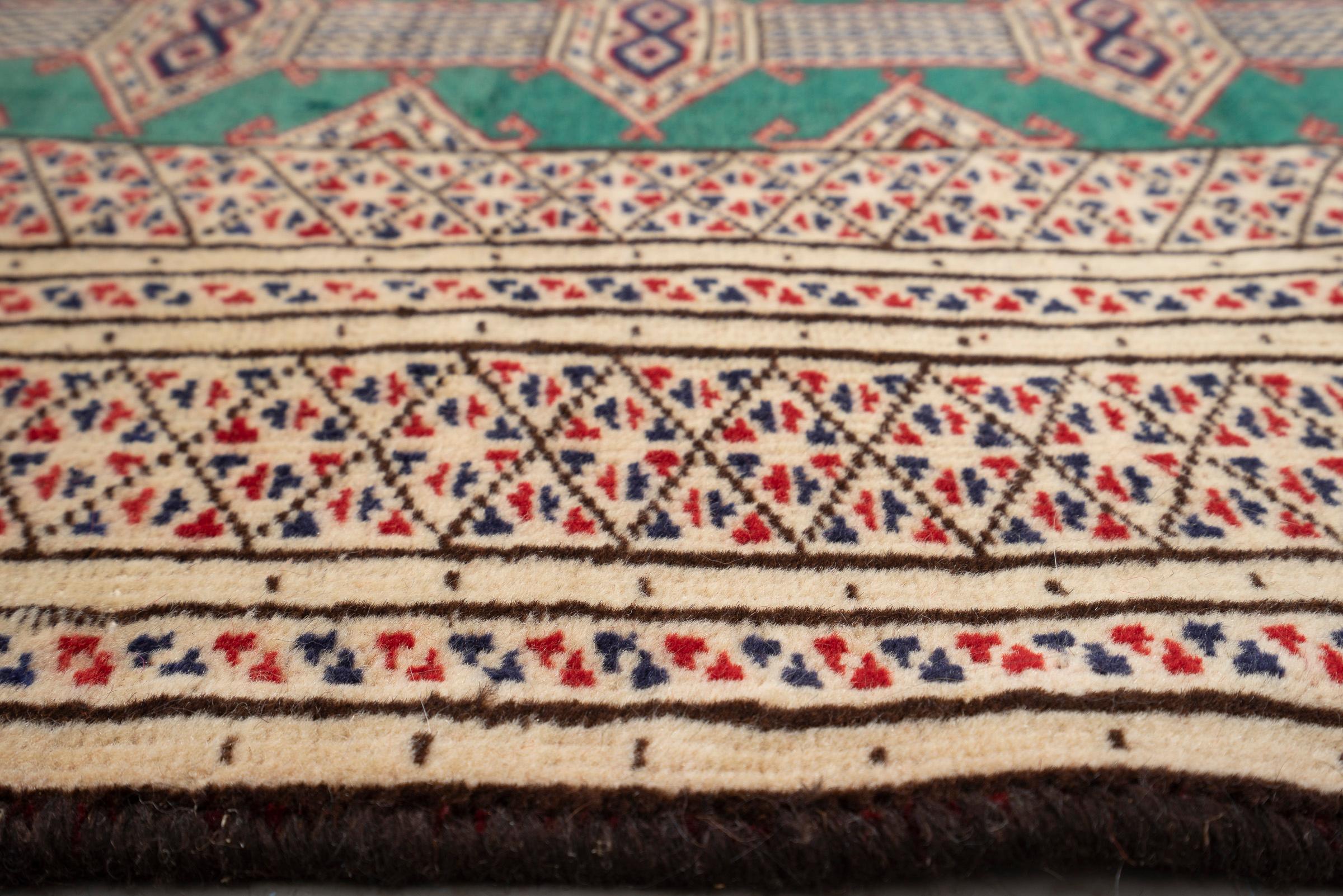 Vintage Fine Torkaman Yamut Qafse Gool Green Persian Rug