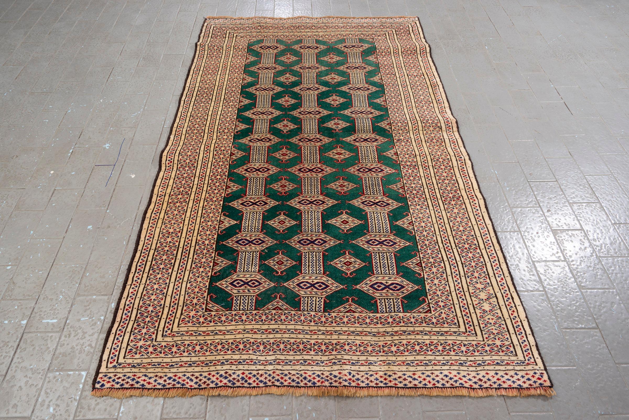 Vintage Fine Torkaman Yamut Qafse Gool Green Persian Rug