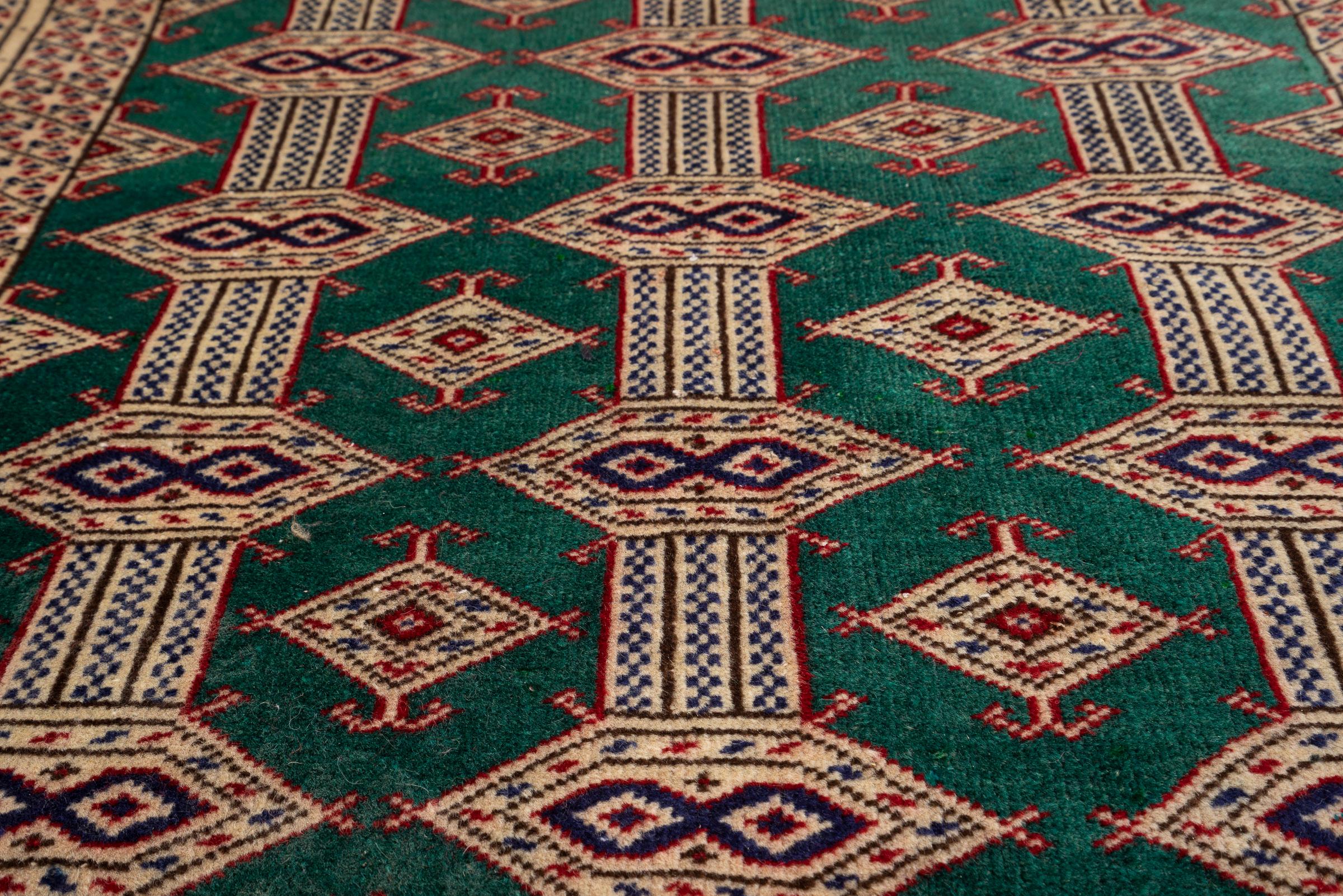 Vintage Fine Torkaman Yamut Qafse Gool Green Persian Rug