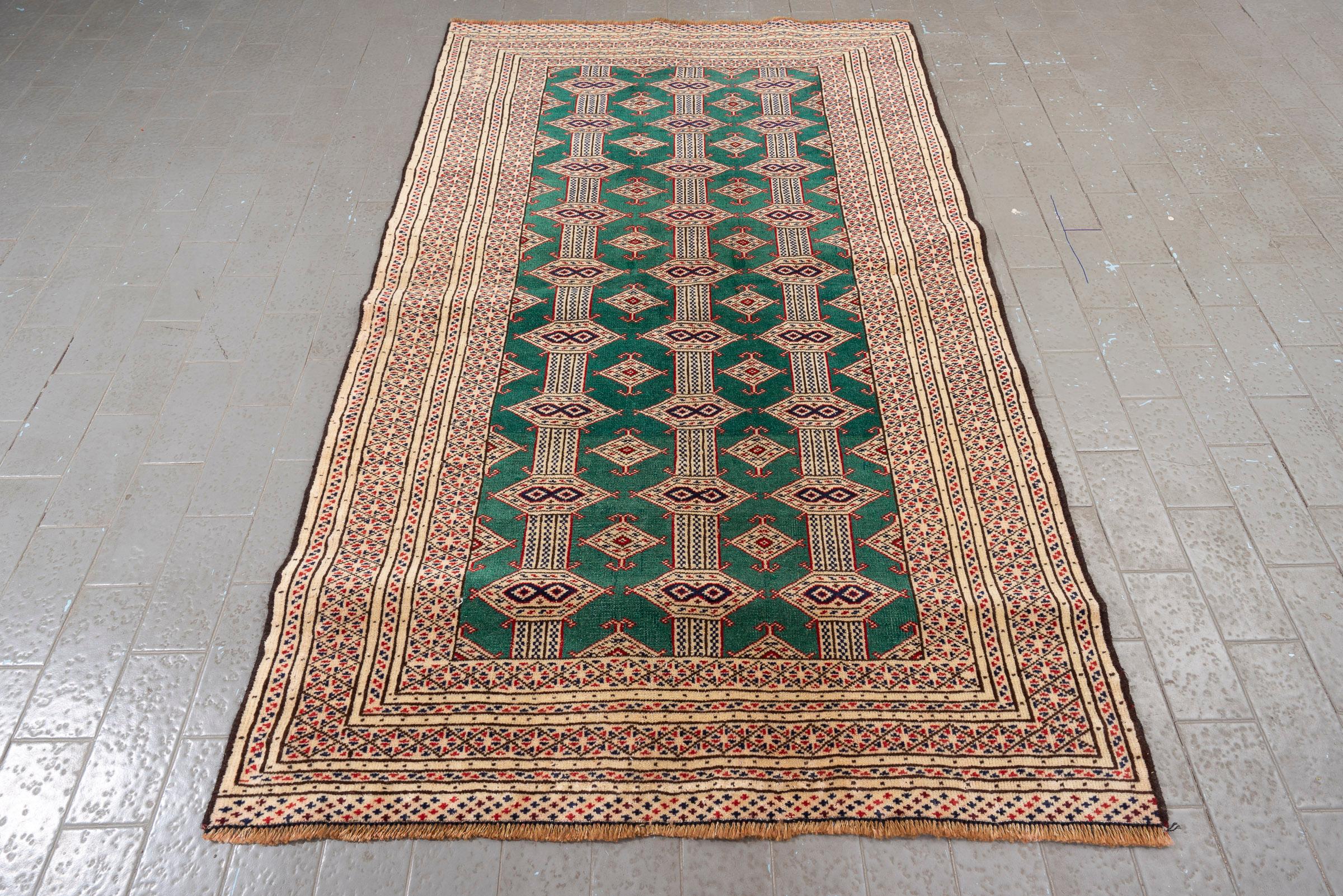 Vintage Fine Torkaman Yamut Qafse Gool Green Persian Rug