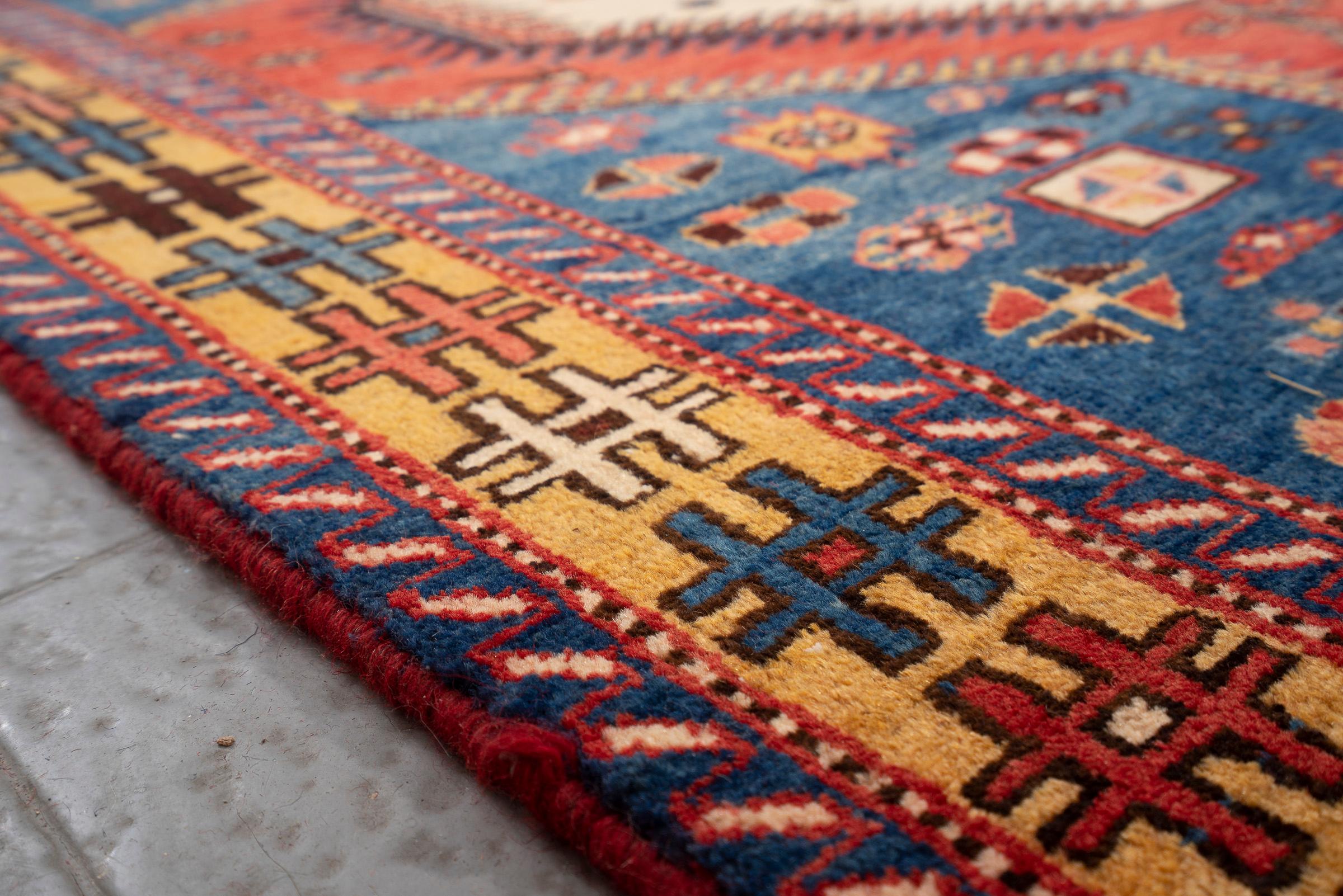 Antique Fine Heriz Five Toranj Golden Frame Persian Runner Rug