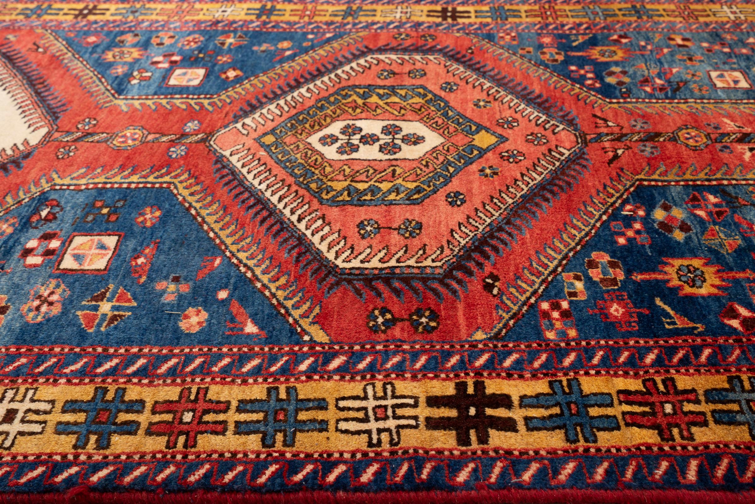 Antique Fine Heriz Five Toranj Golden Frame Persian Runner Rug