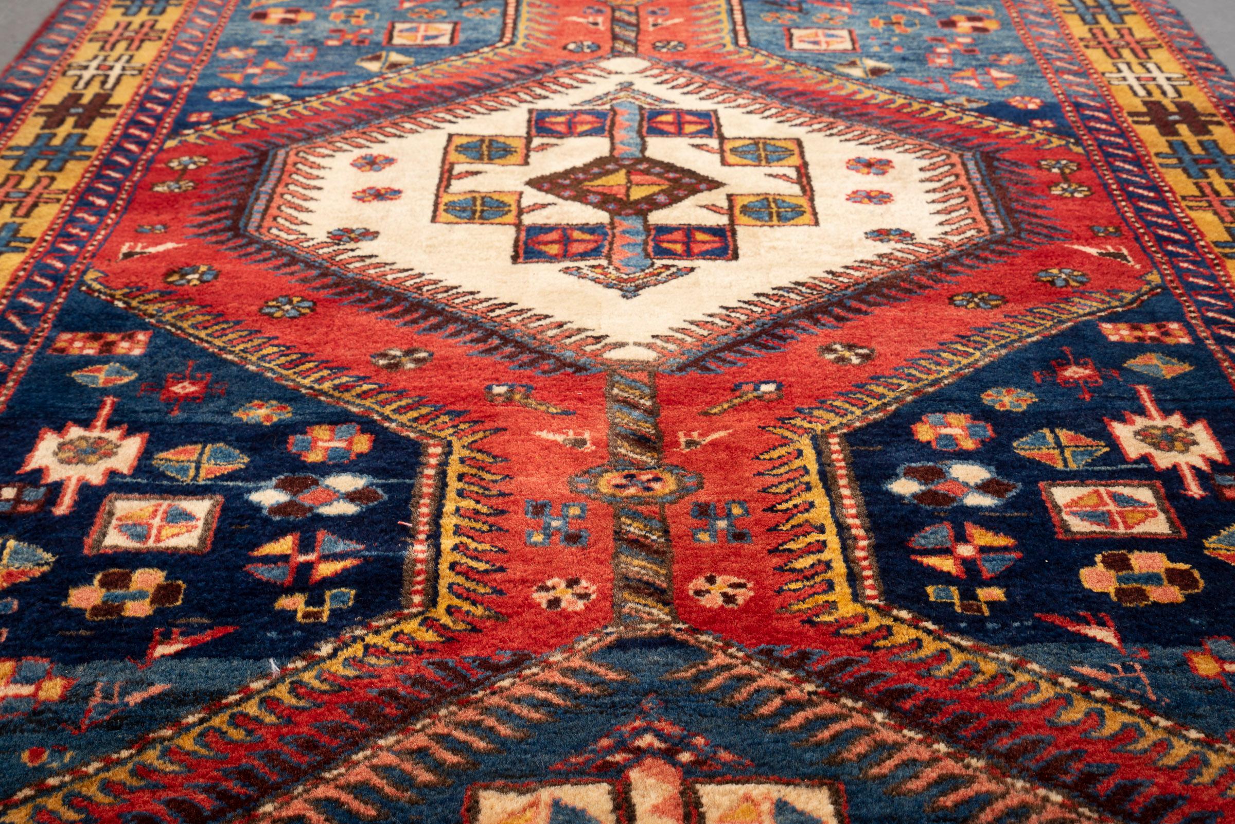 Antique Fine Heriz Five Toranj Golden Frame Persian Runner Rug