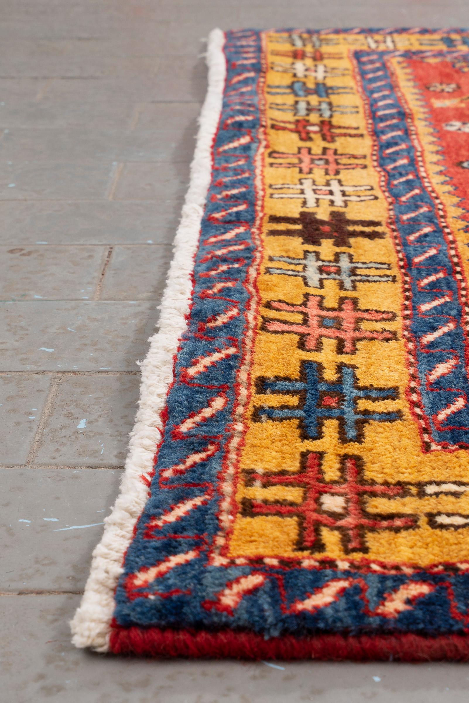 Antique Fine Heriz Five Toranj Golden Frame Persian Runner Rug