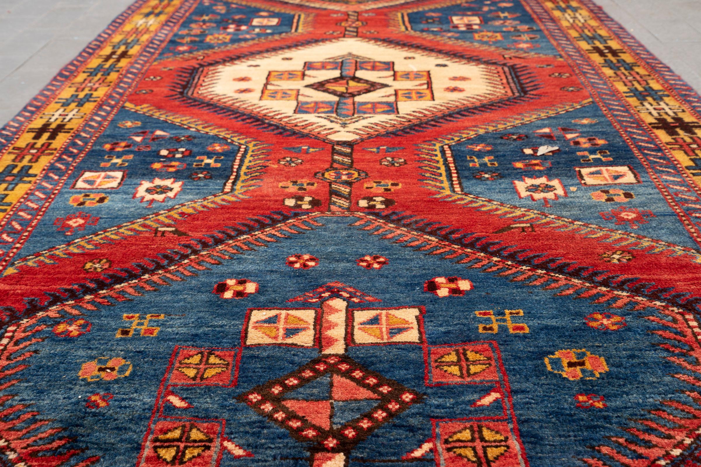 Antique Fine Heriz Five Toranj Golden Frame Persian Runner Rug