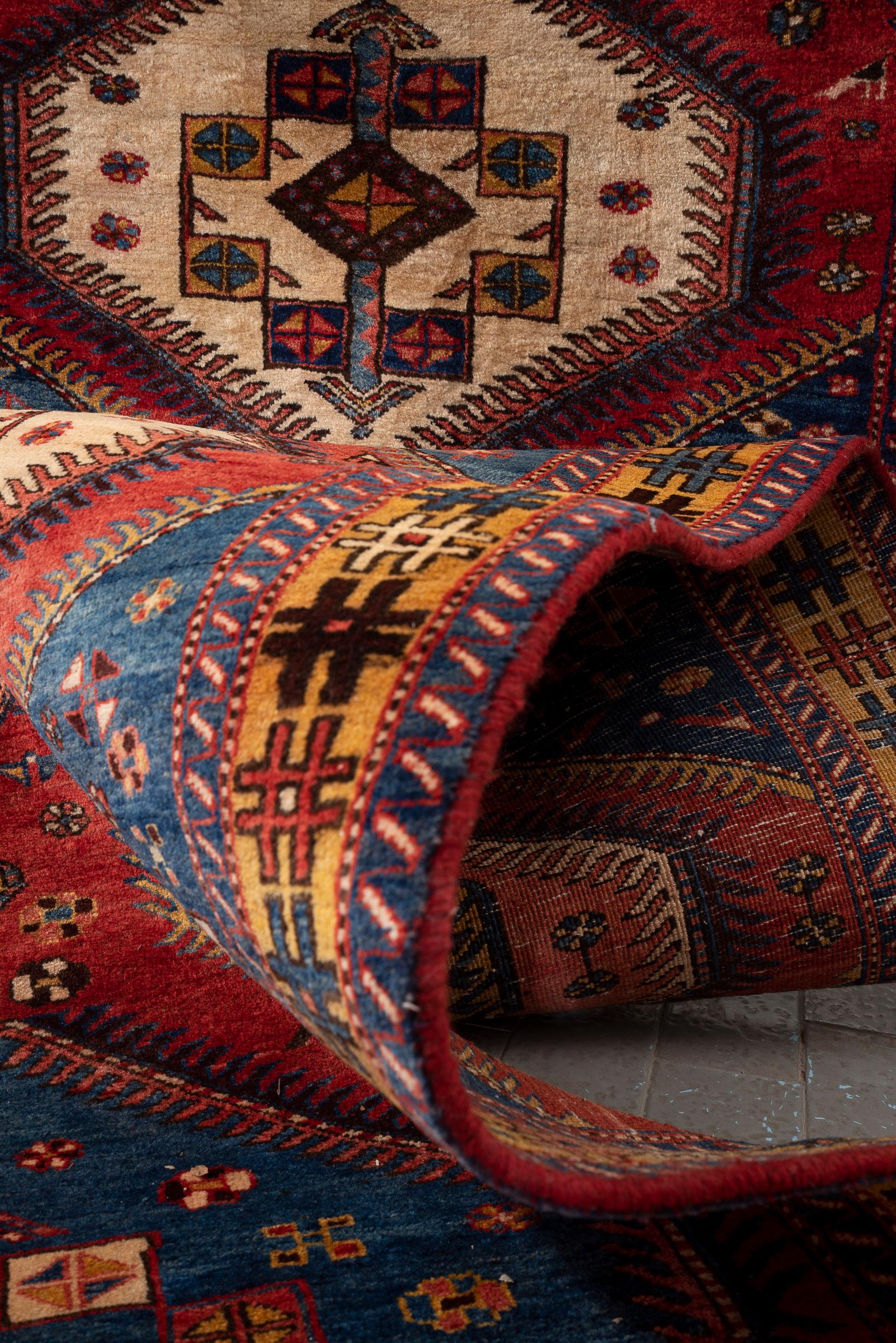 Antique Fine Heriz Five Toranj Golden Frame Persian Runner Rug