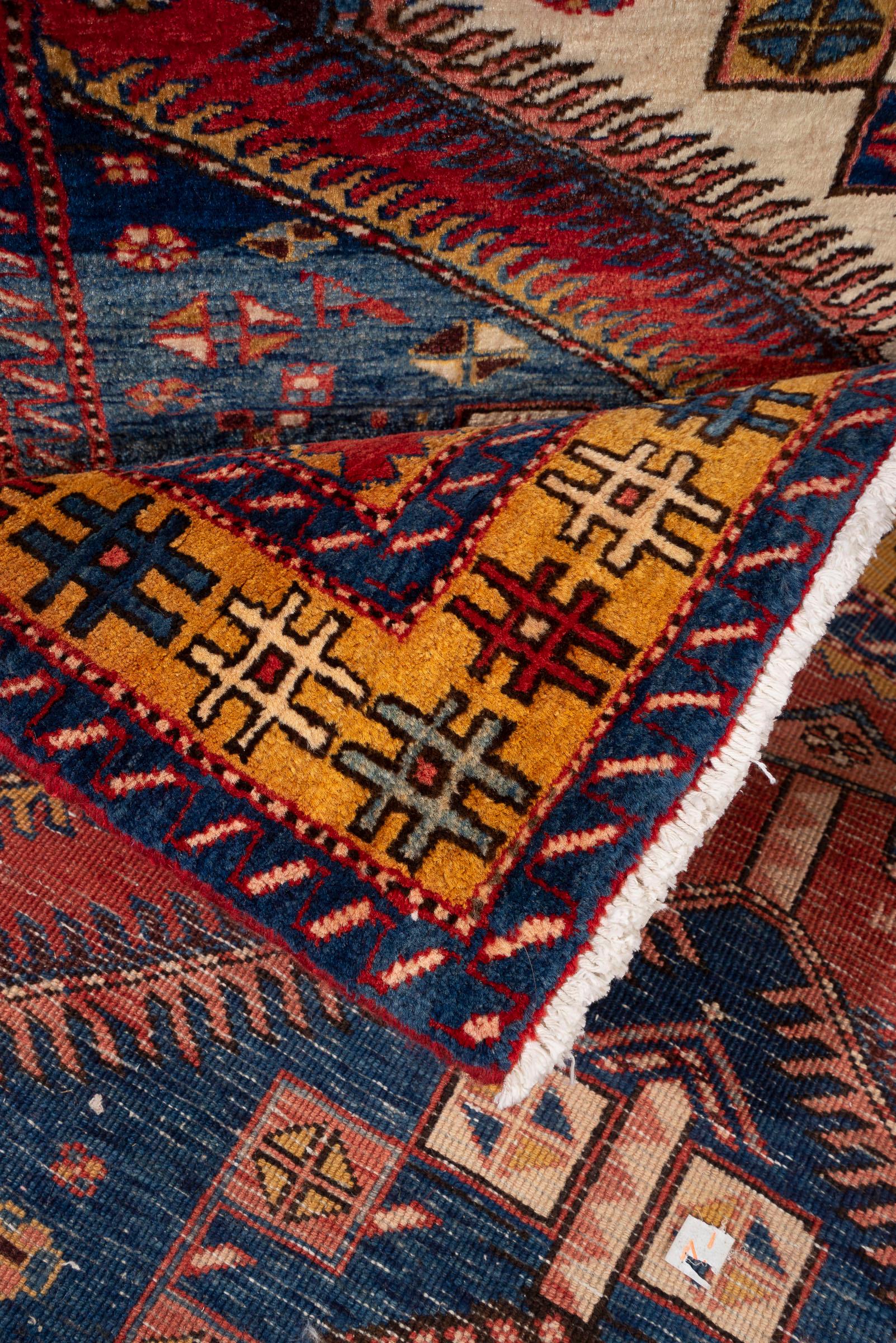 Antique Fine Heriz Five Toranj Golden Frame Persian Runner Rug