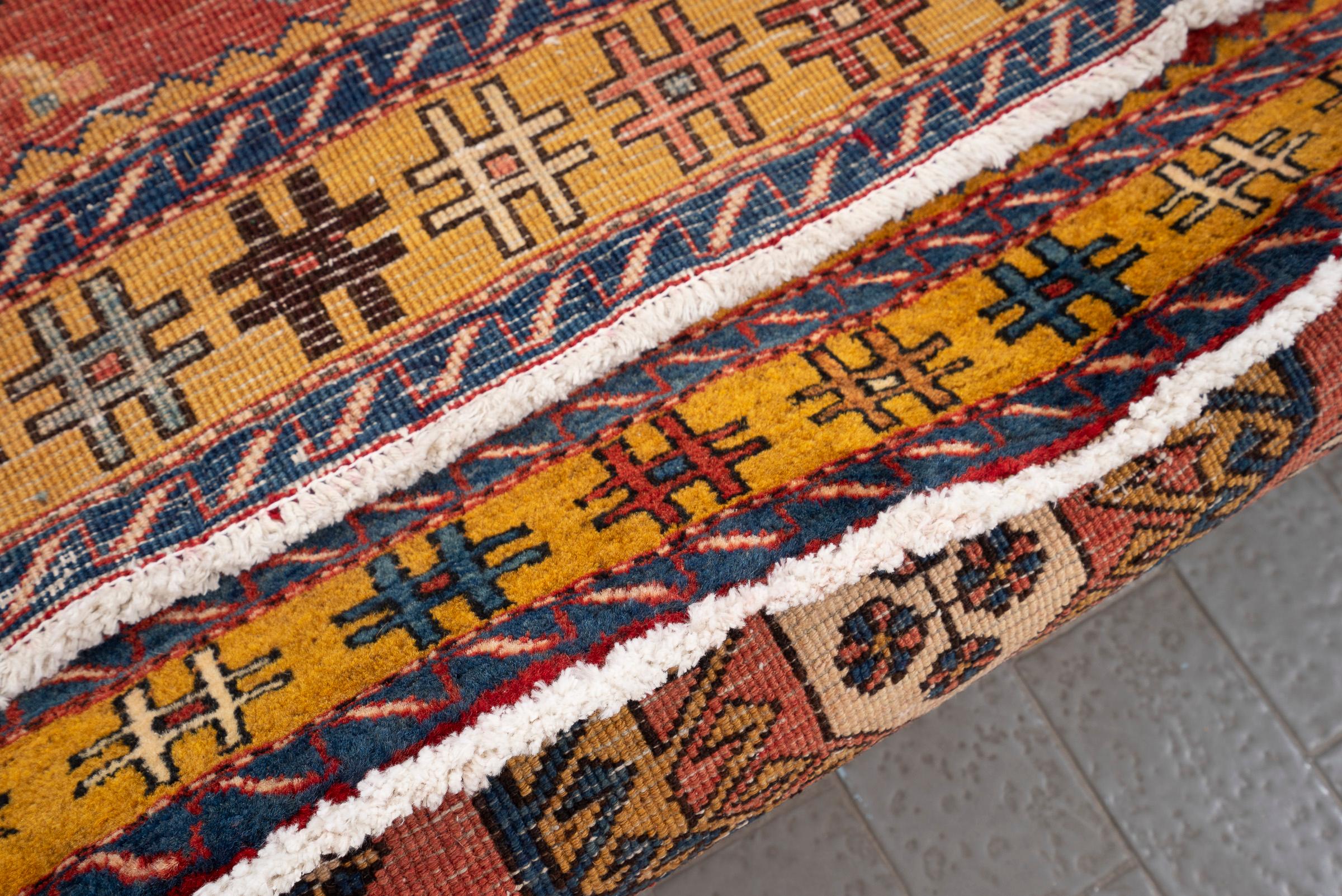 Antique Fine Heriz Five Toranj Golden Frame Persian Runner Rug