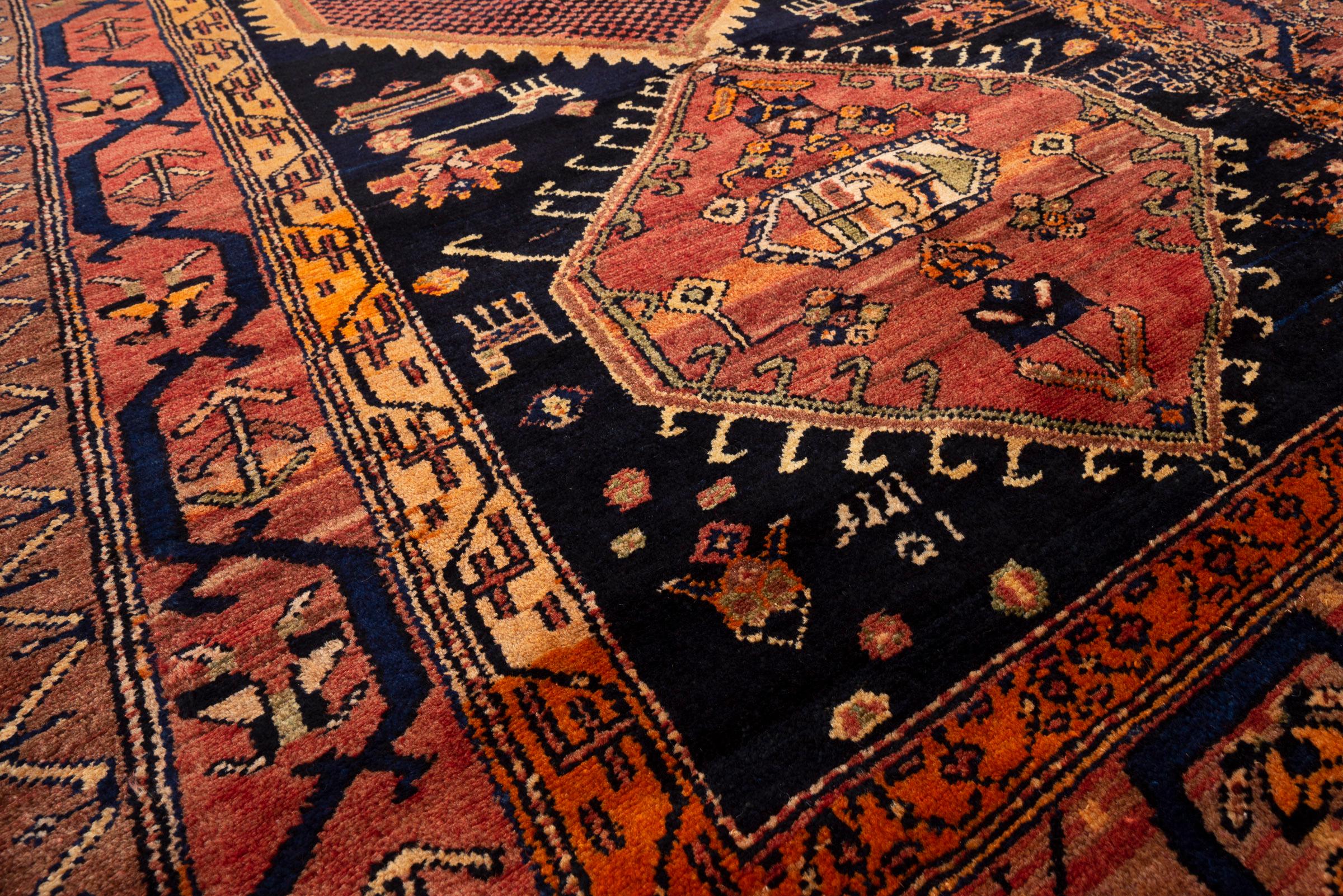 Antique Bijar Triple Medallion Persian Rug, Indigo Field, 1890–1910