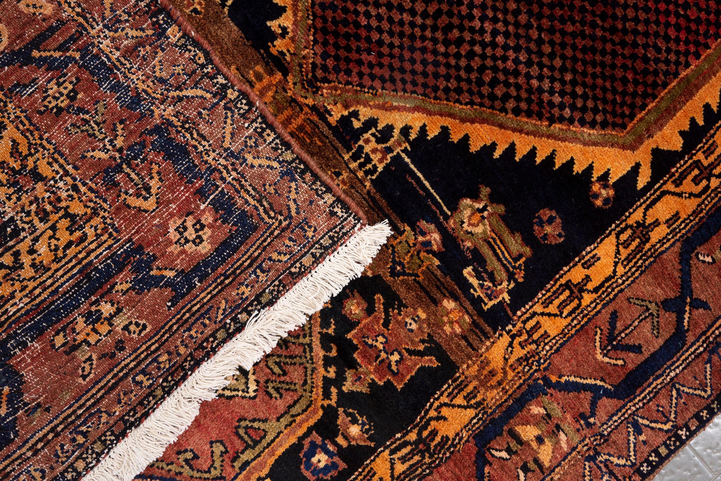 Antique Bijar Triple Medallion Persian Rug, Indigo Field, 1890–1910