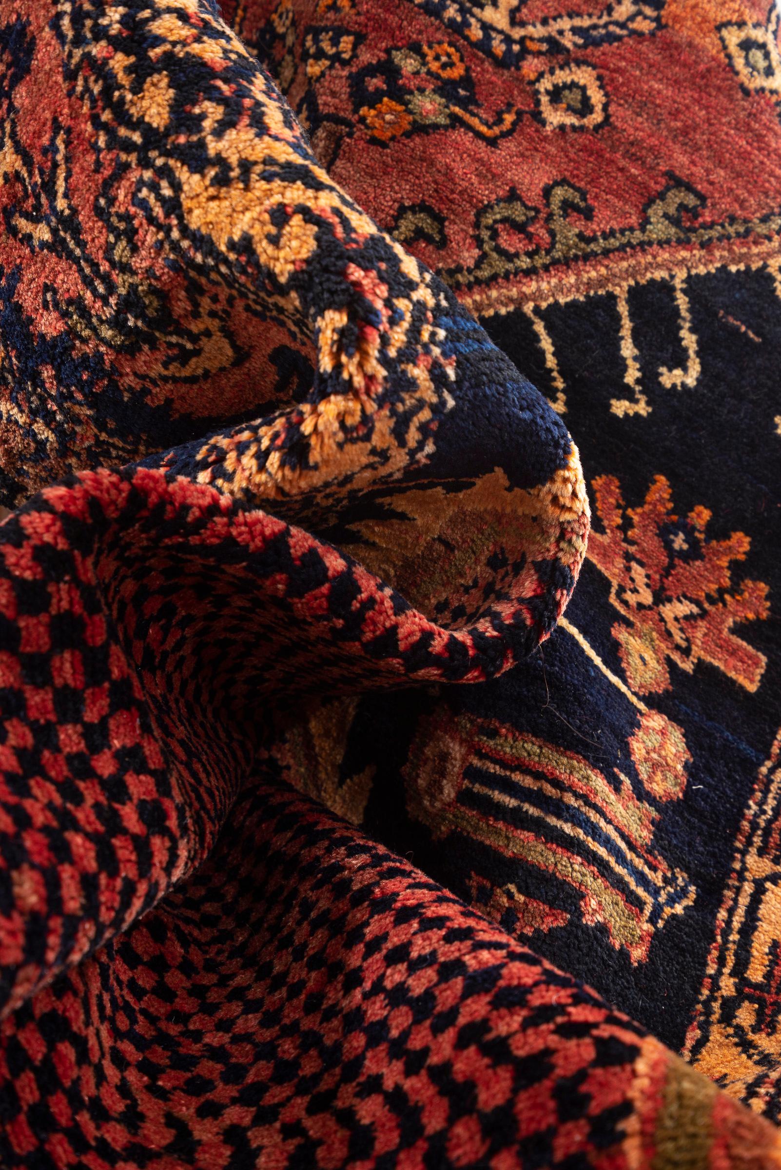 Antique Bijar Triple Medallion Persian Rug, Indigo Field, 1890–1910