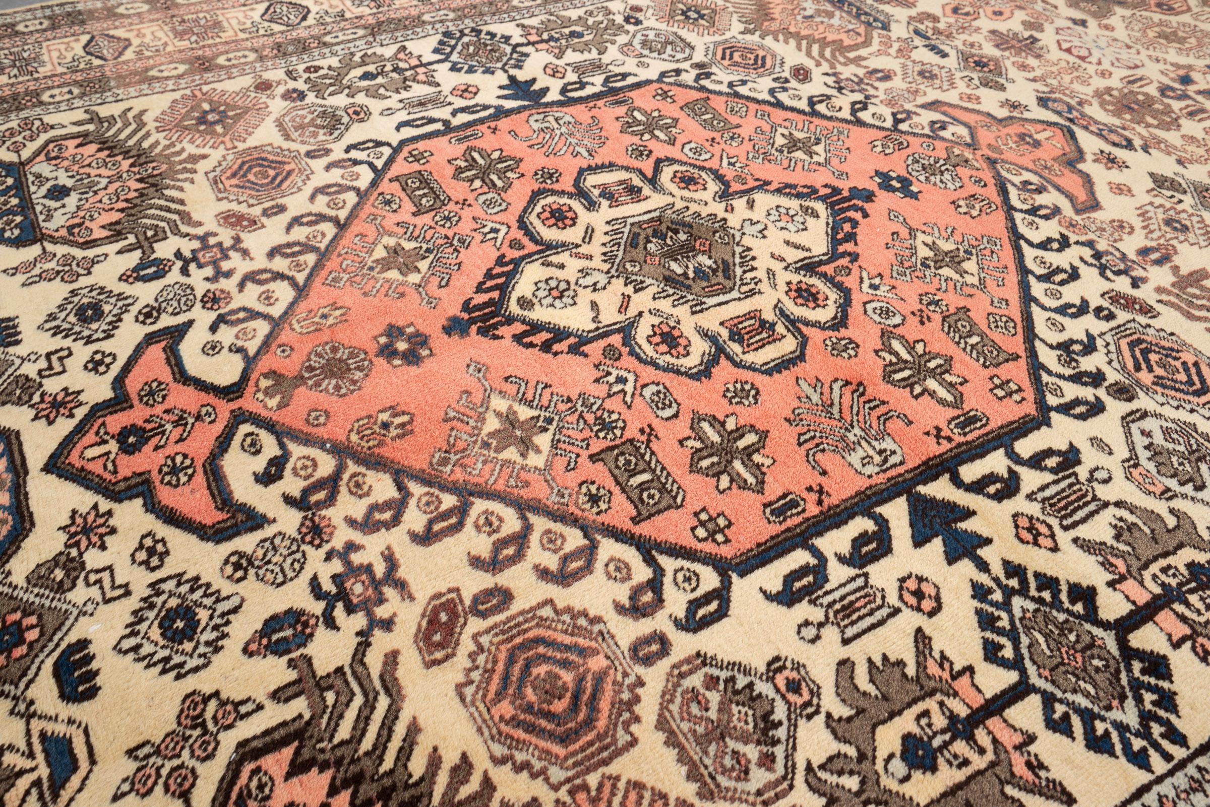 Vintage Ardabil Fine Cream and Pink Persian Rug