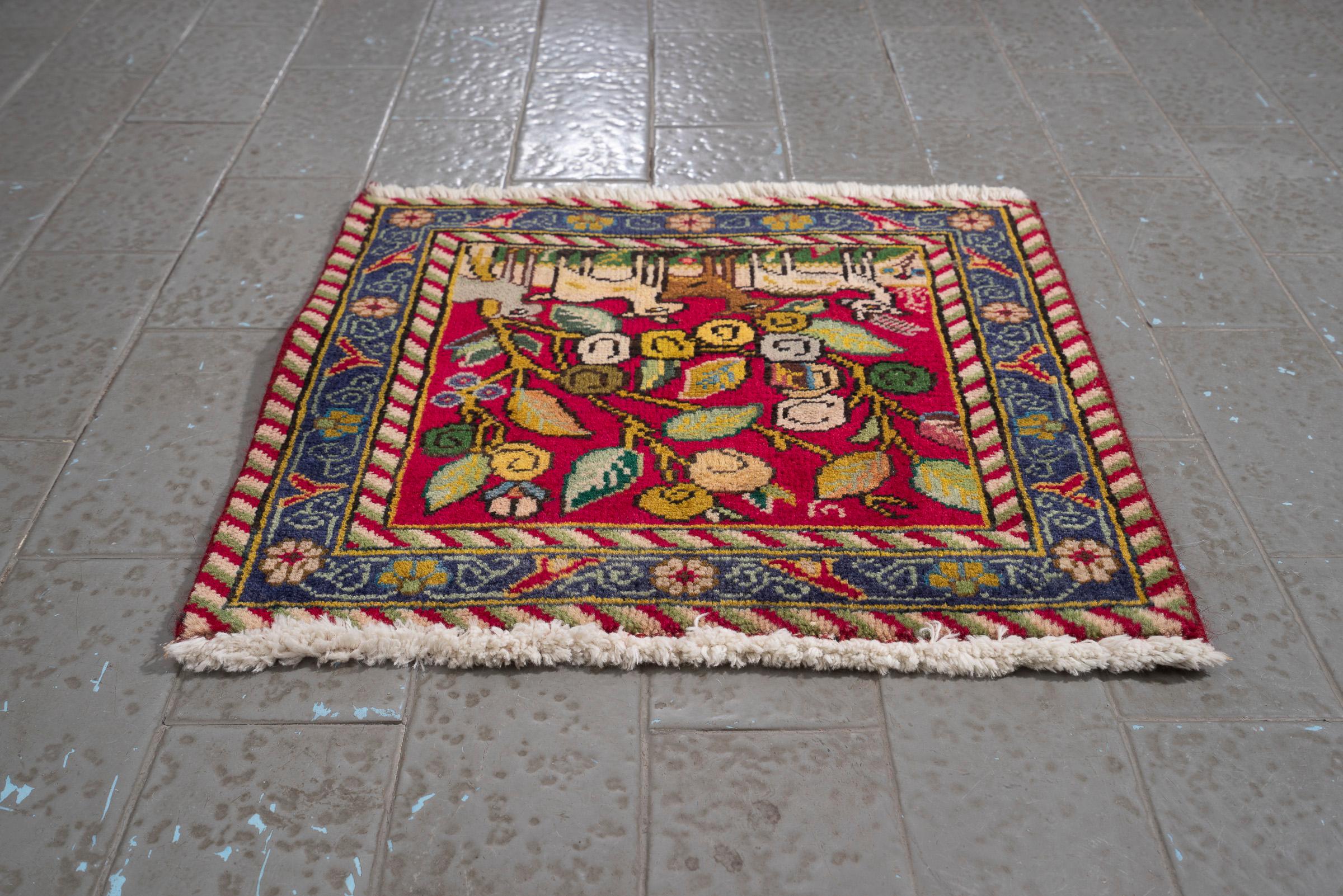 Vintage Tabriz Pictorial Persian Poshti Rug