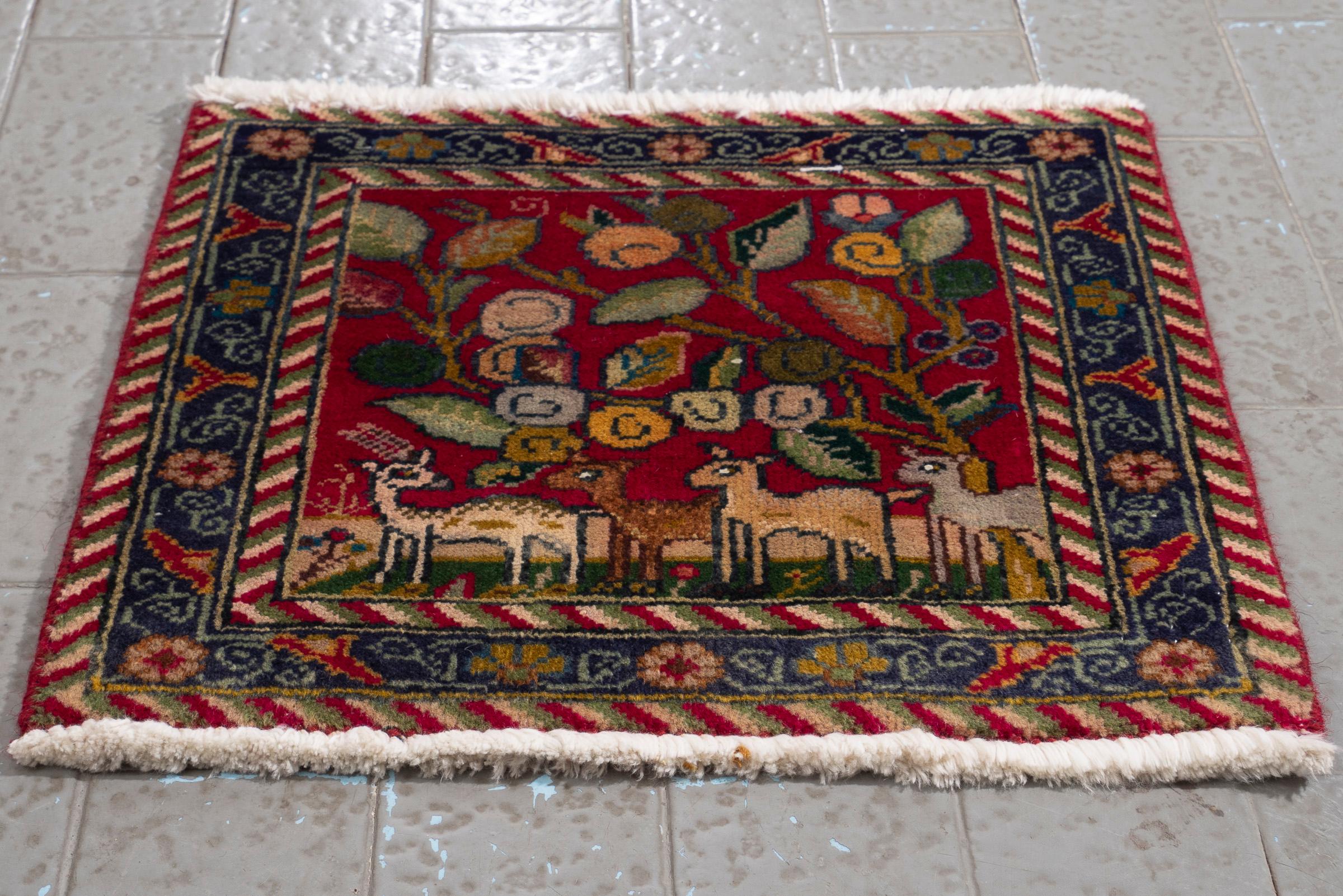 Vintage Tabriz Pictorial Persian Poshti Rug