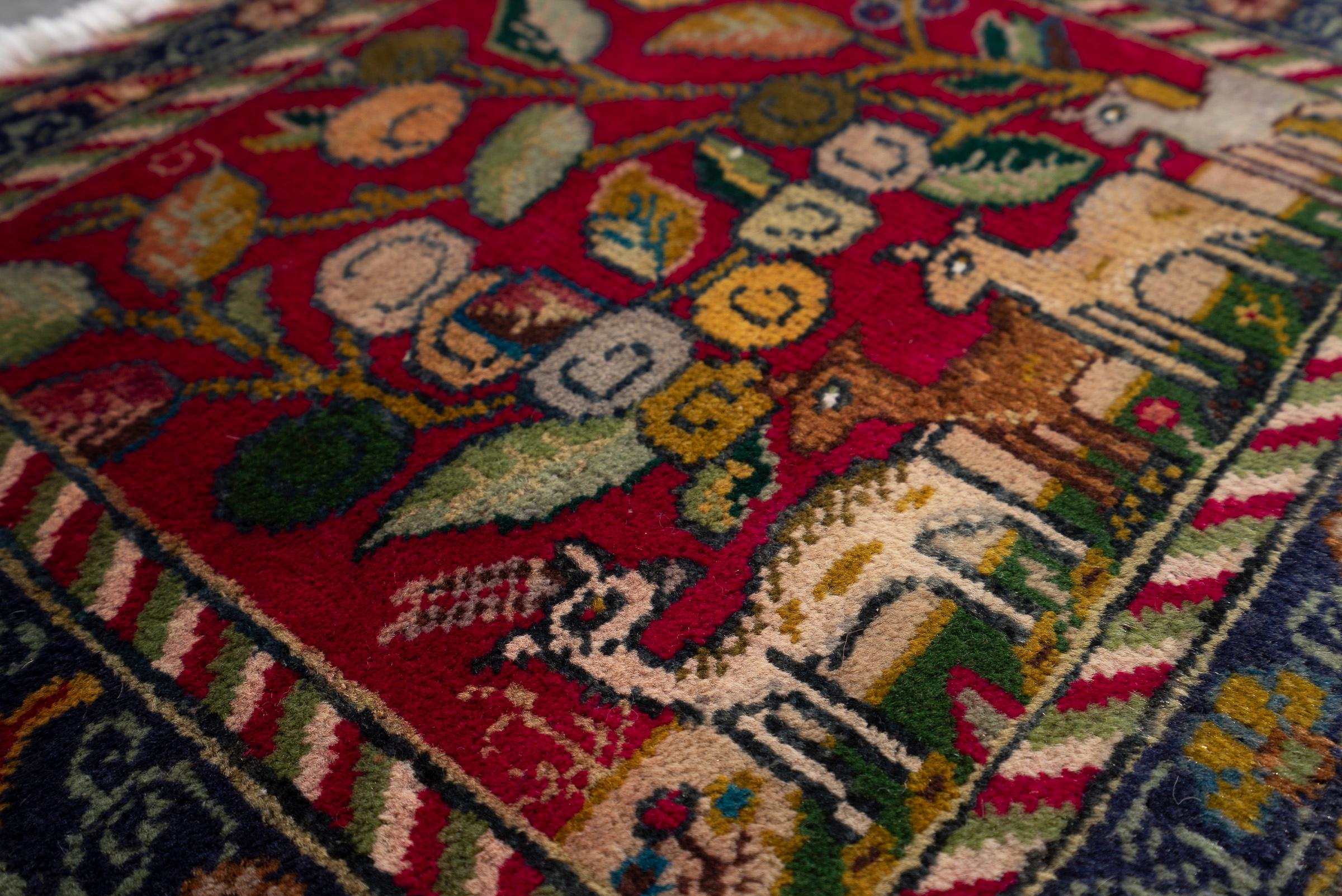 Vintage Tabriz Pictorial Persian Poshti Rug