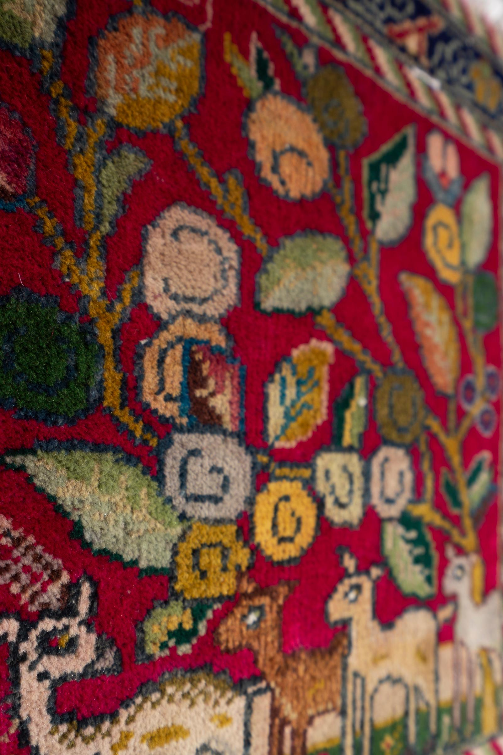 Vintage Tabriz Pictorial Persian Poshti Rug