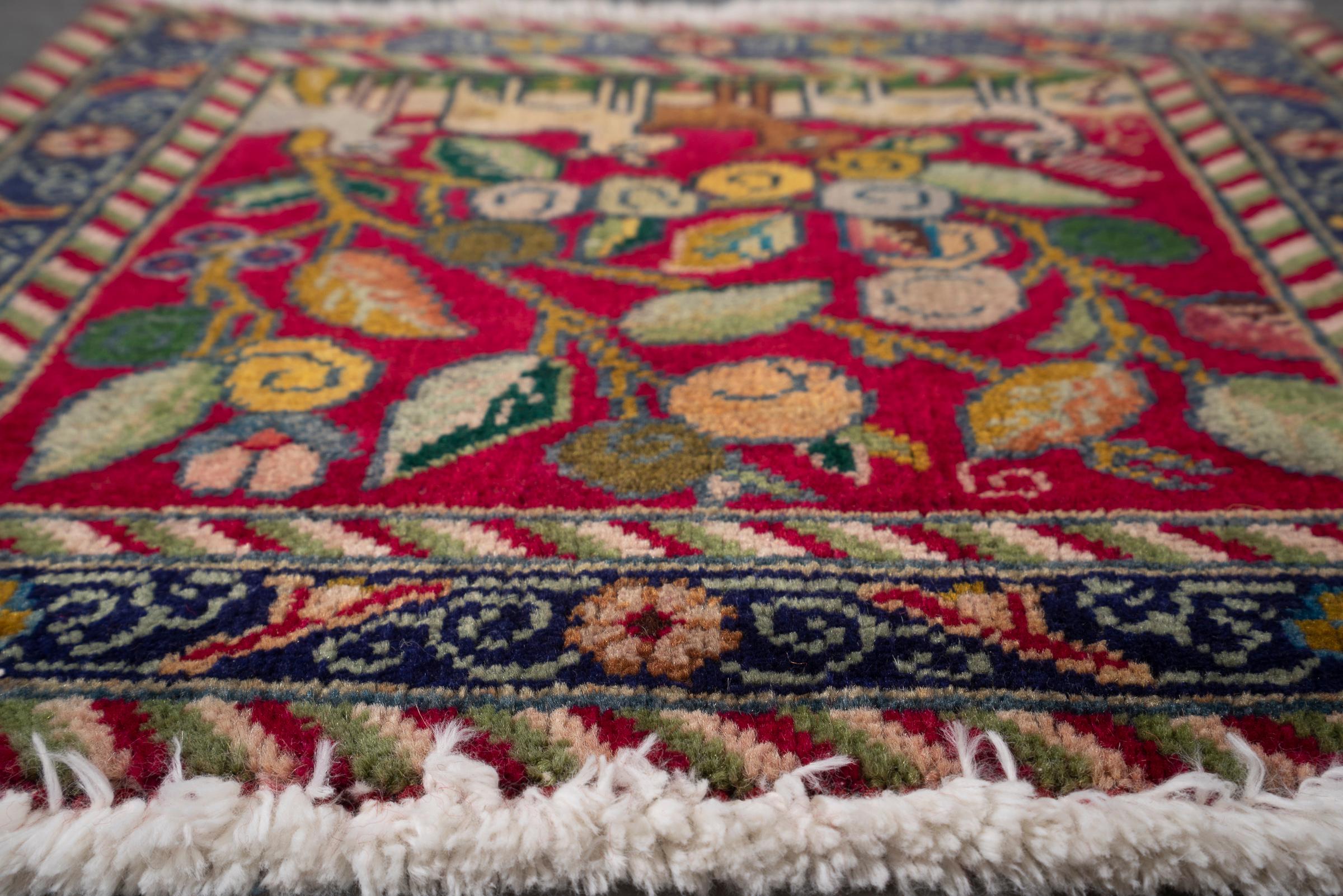 Vintage Tabriz Pictorial Persian Poshti Rug