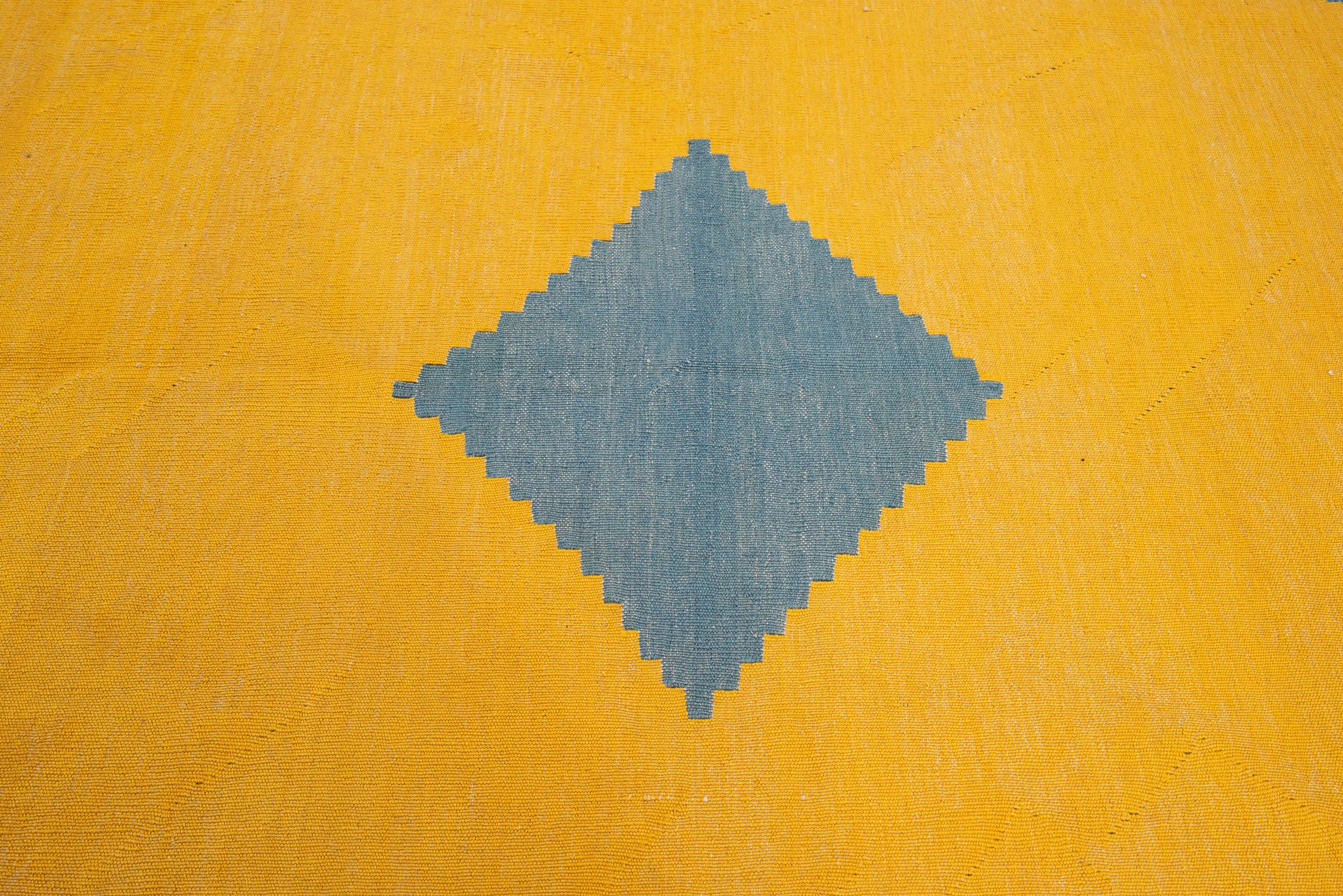 Vintage Qashqai Firuz Abad Minimal Yellow and Blue Persian Kilim Rug