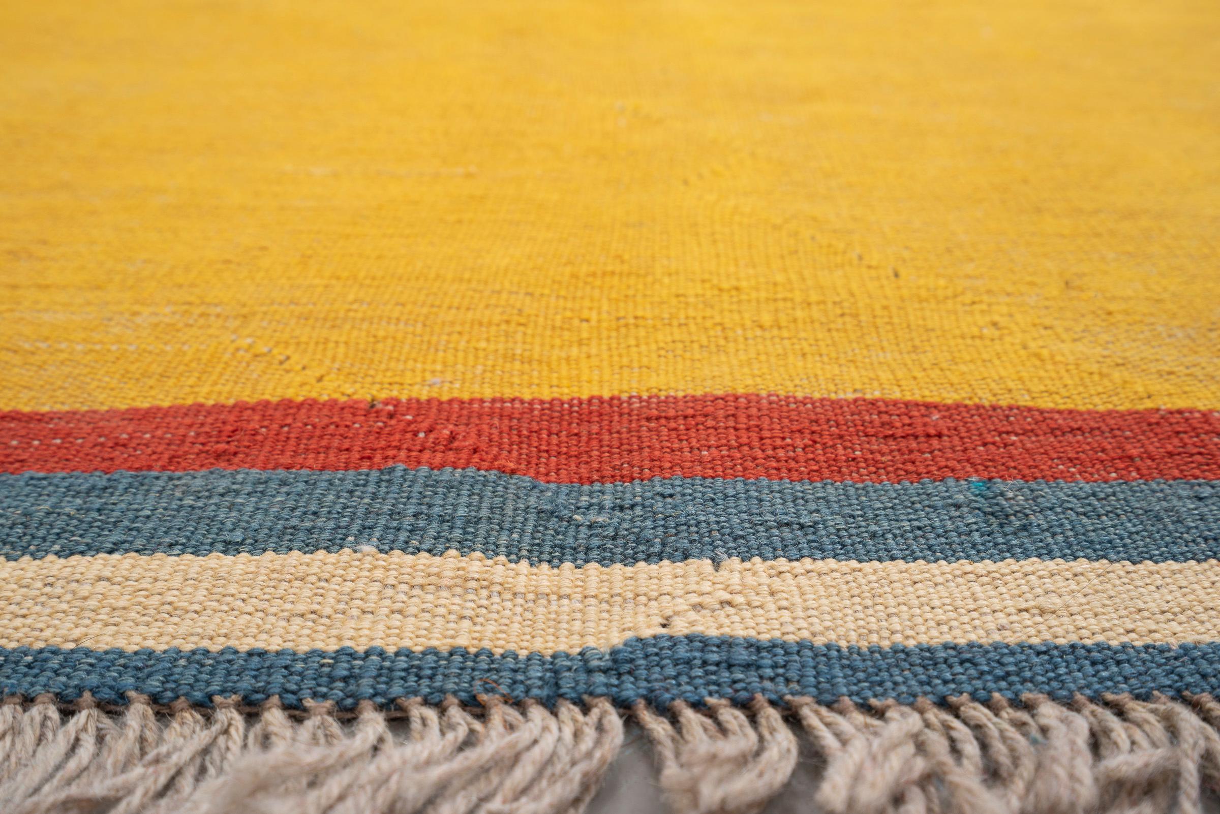 Vintage Qashqai Firuz Abad Minimal Yellow and Blue Persian Kilim Rug