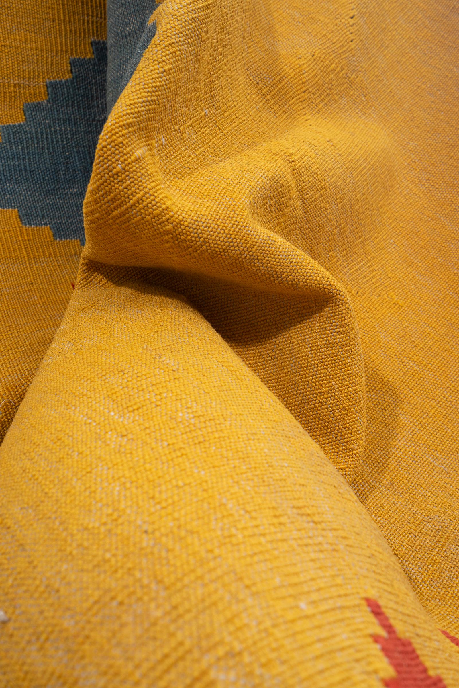 Vintage Qashqai Firuz Abad Minimal Yellow and Blue Persian Kilim Rug
